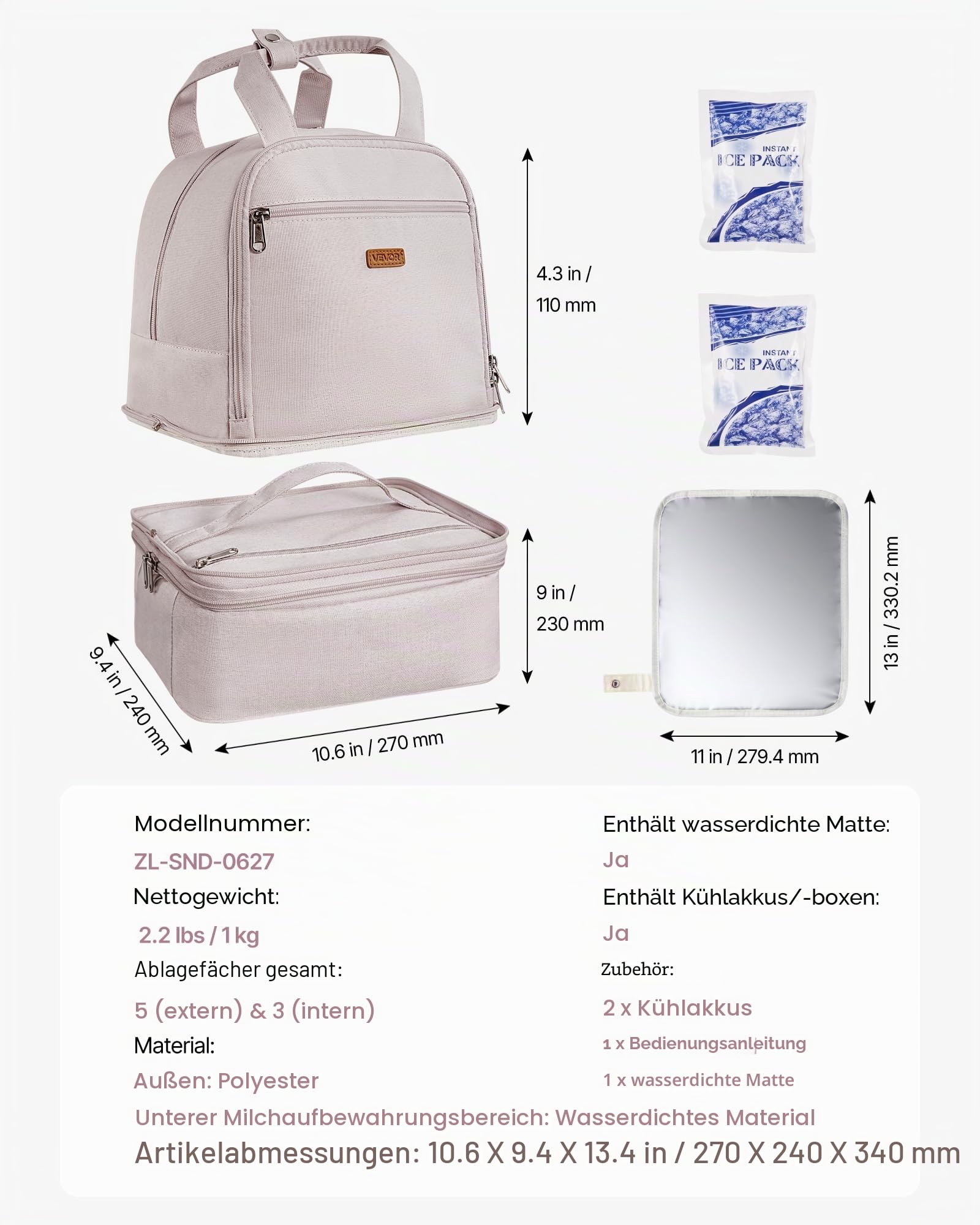 VEVOR Milchpumpen-Rucksack, 270x240x340 mm, mit Kühlakku, passend für S1/S2, Pumpzubehör & Muttermilchaufbewahrung, Wickel Rucksack für Arbeit, Reisen & Familiengebrauch, Hellrosa