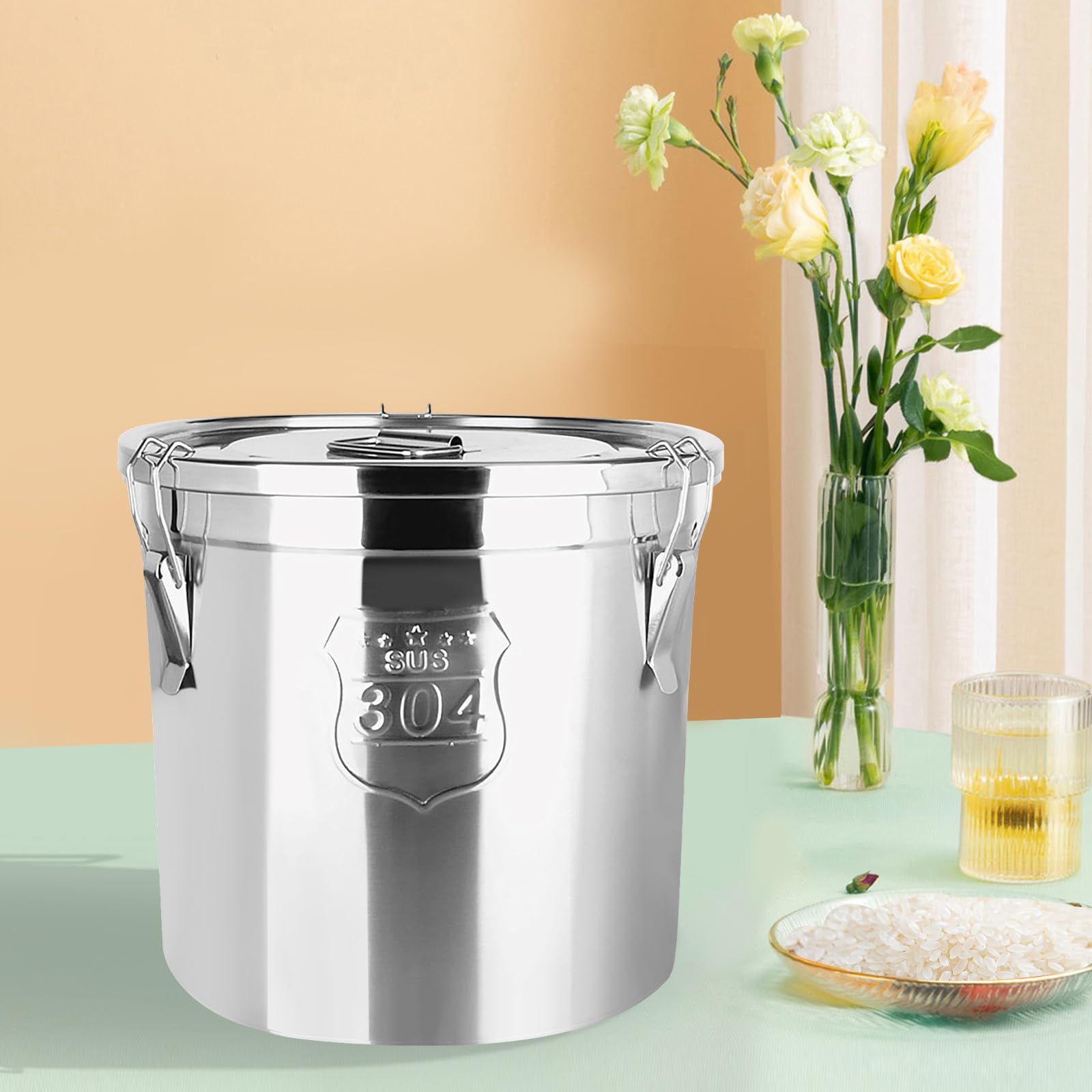 6L Edelstahl Behälter mit Deckel, Luftdichter Vorratsbehälter aus 304 Edelstahl für Reis & Mehl, Gastro Behälter Metallcontainer für Küche & Gastro, Reis Aufbewahrung, Silber