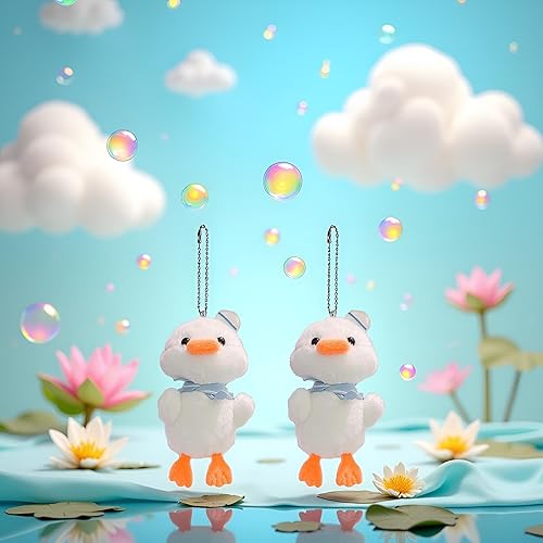 Miniatura 6 de 2 llaveros blancos de felpa de pato de 5.5 in, suave y completamente relleno, adorable adorno colgante de muñeca de dibujos animados, portátil de