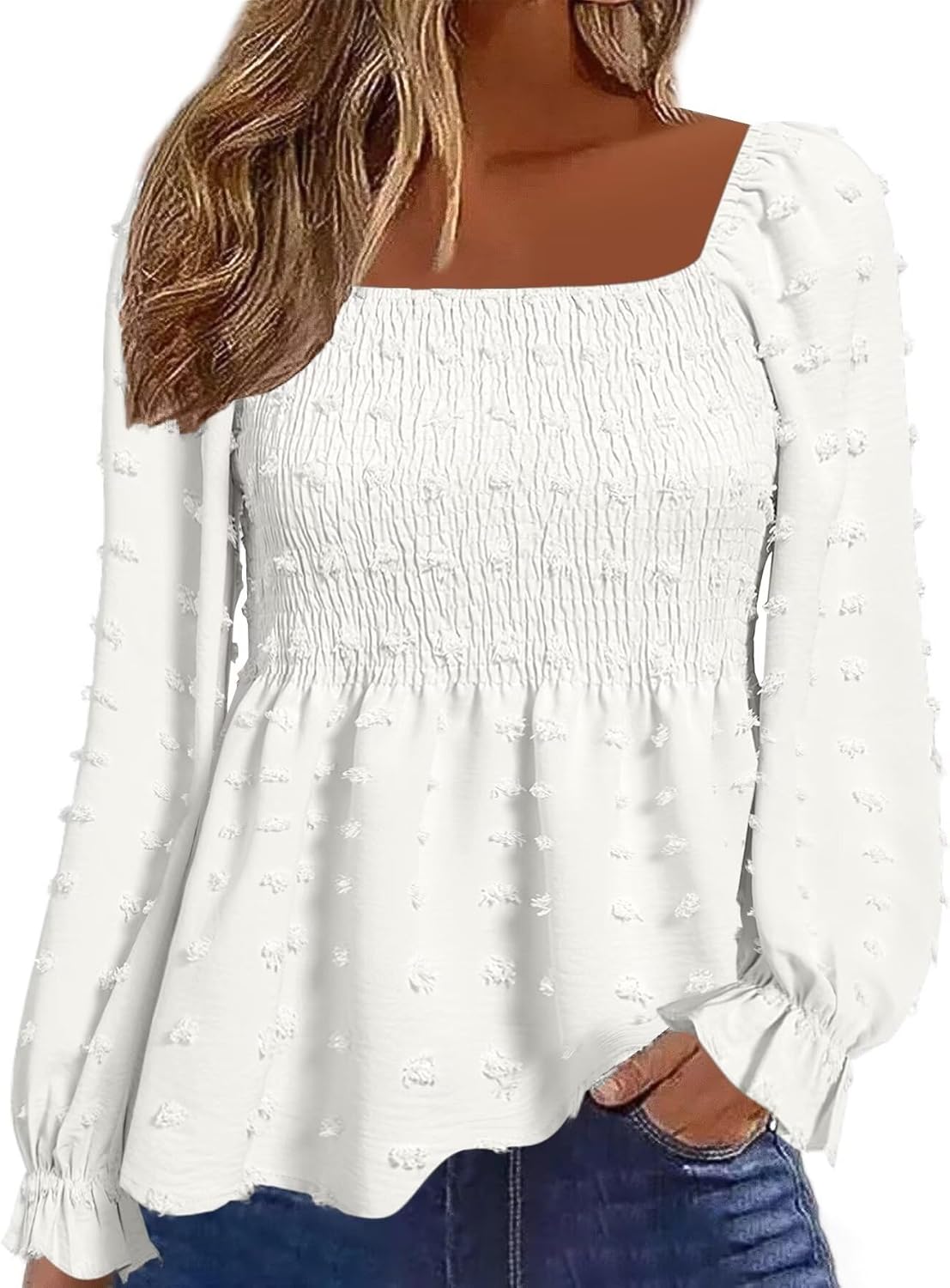 Flamingals Women's Long Sleeve Peplum Blouse Square Neck Cute Elegant Ruffle Smocked Babydoll Shirts