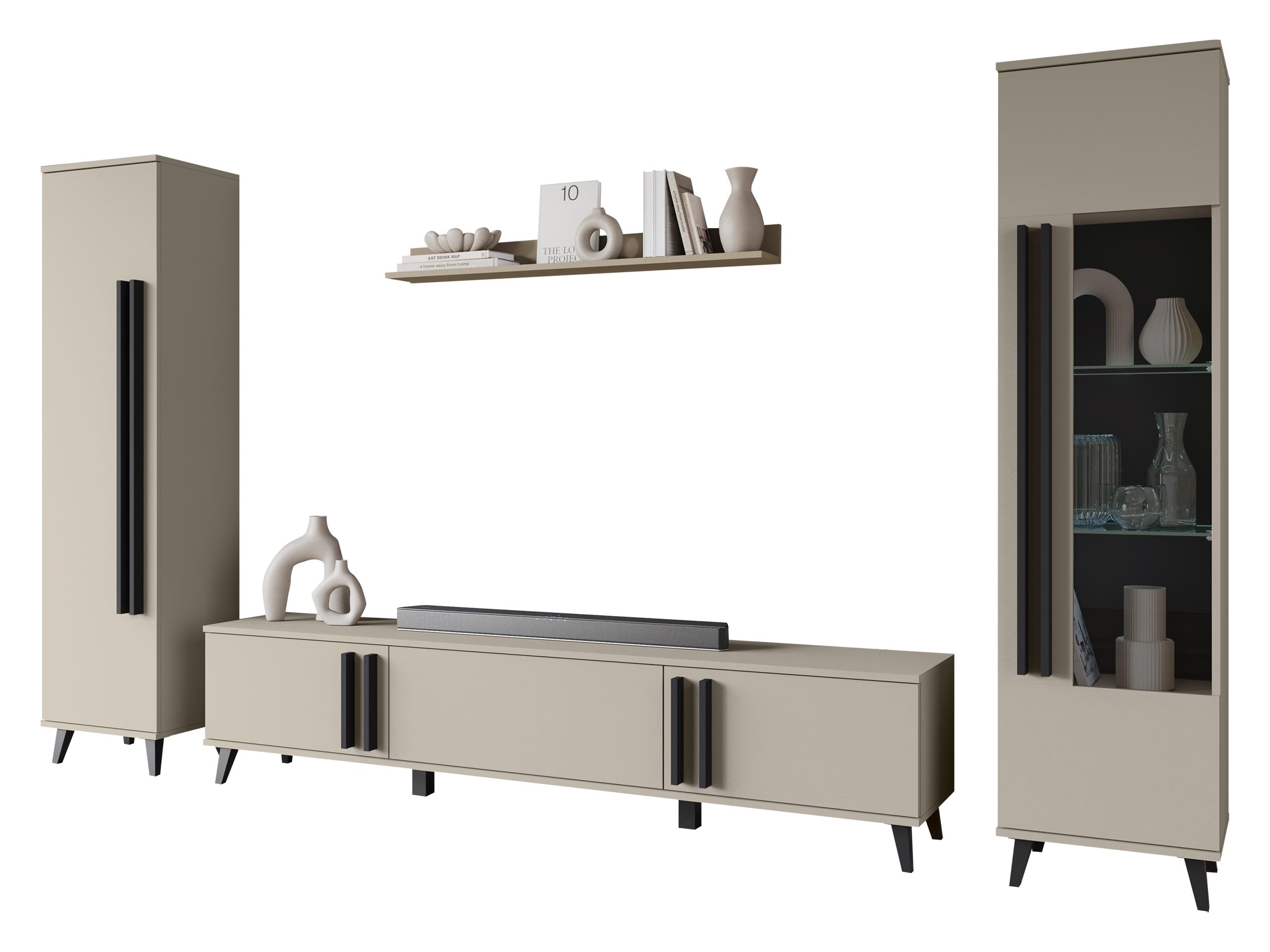 Mirjan24 Wohnzimmer-Set Hailea II, Wohnzimmerschrank, Schrankwand, im Set: Regal, Vitrine, Wandregal, TV-Lowboard (Congo/Schwarzer Graphit, ohne Beleuchtung)