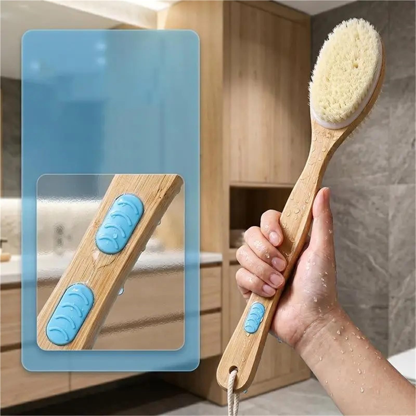 Depurador de espalda con cepillo baño mango madera largo