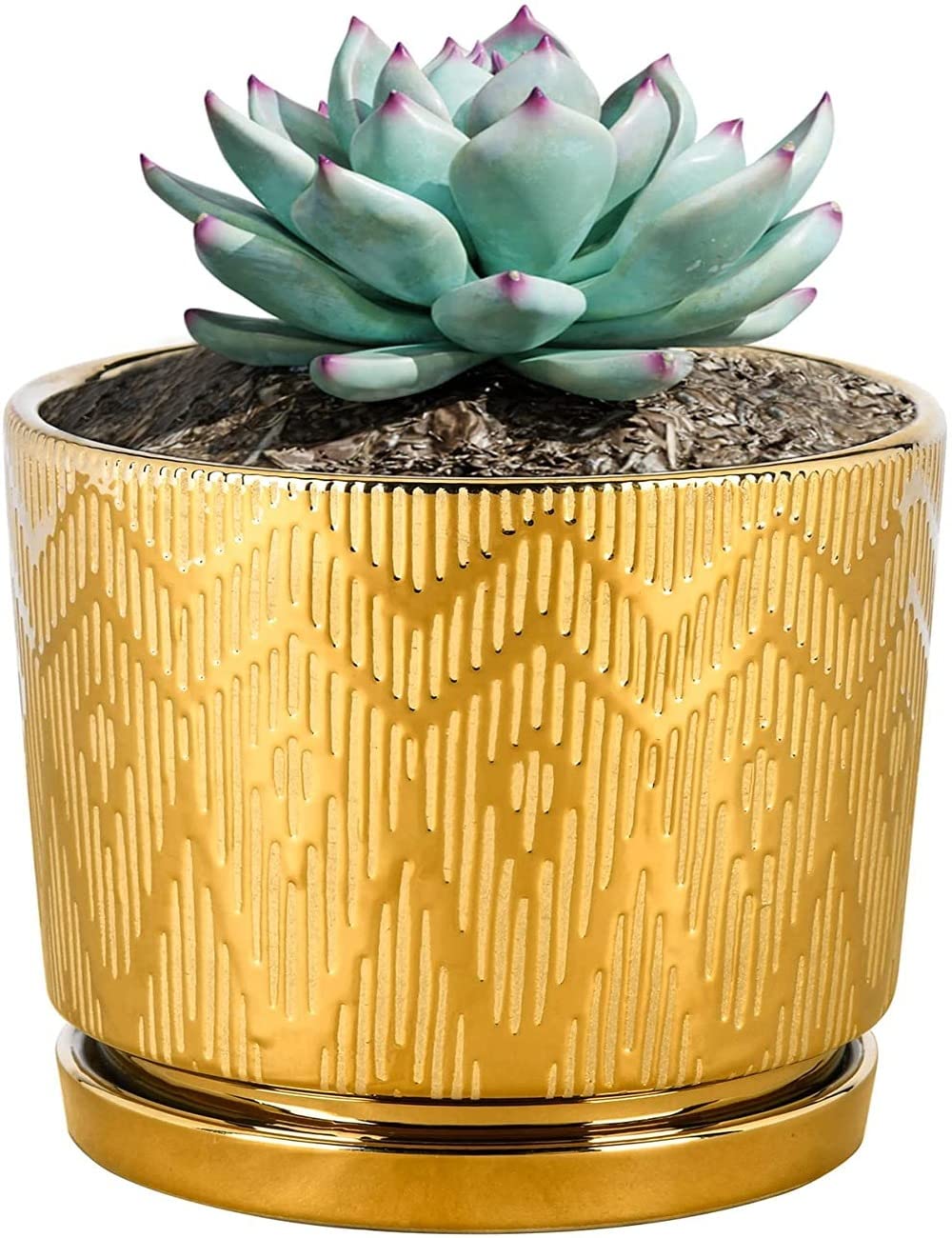 Garden Art Importe Ceramic Gold Plant Pots,(11 * 11 * 10.7 CM) Flower Pots with Drainage Holes