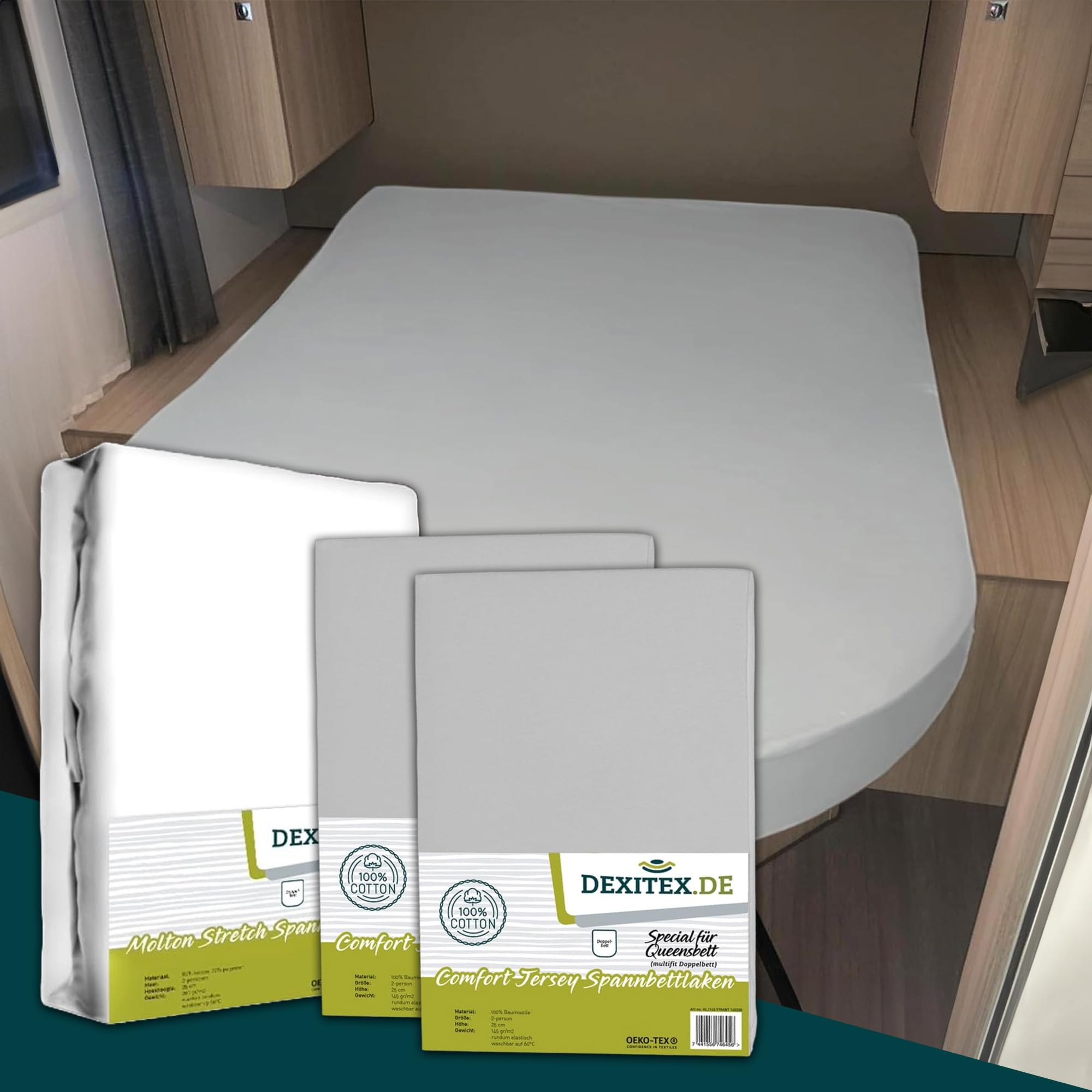 Bettlaken Wohnwagen Queensbett - 3er Set - 1 Molton, 2 Spannbettlaken - Grau- Bettlaken aus hochwertiger Baumwolle -Oeko-TEX - Multi-Stretch-Spannbettlaken für Wohnmobil und Wohnwagen