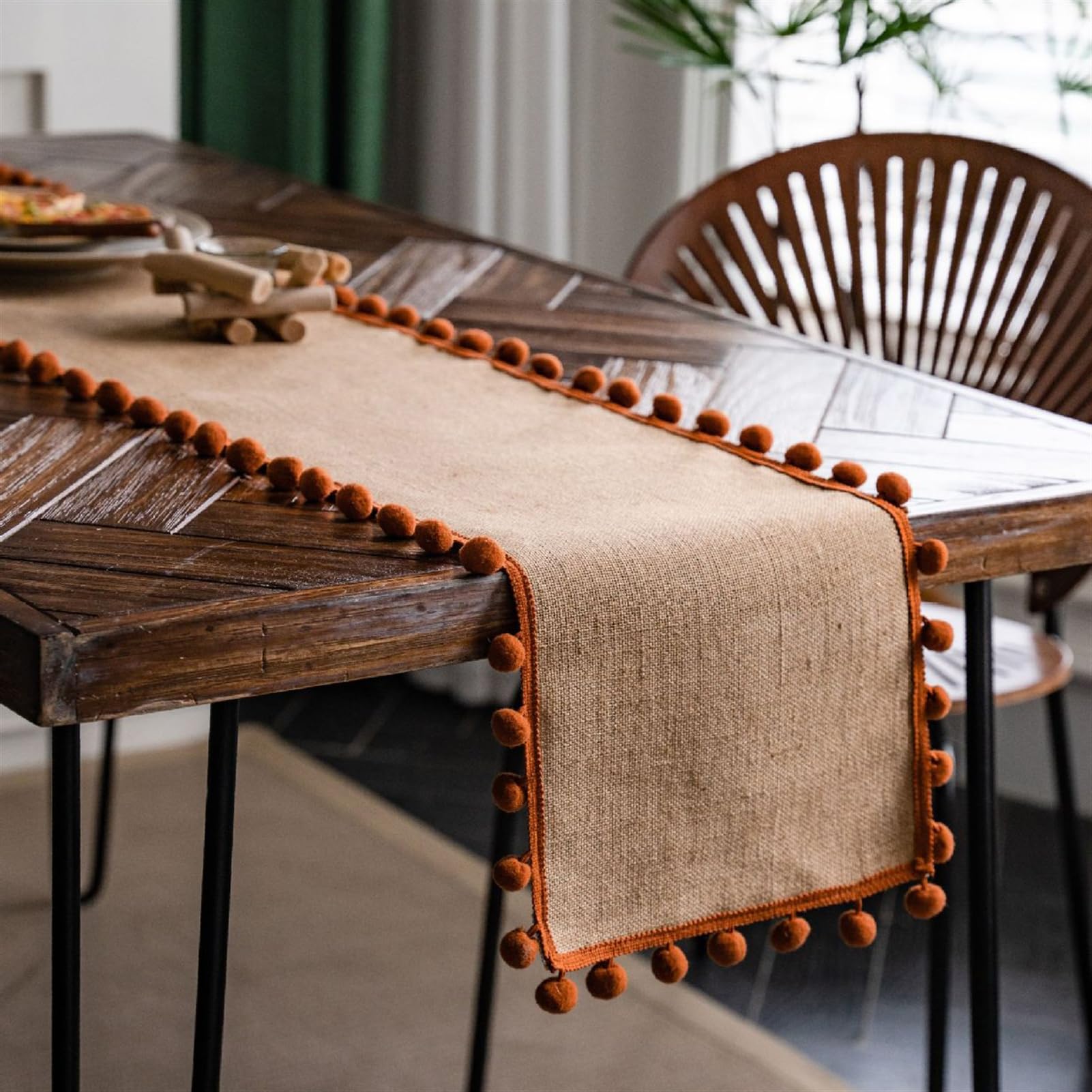 BESTORI Farmhouse Table Runner Cotton Linen Table Decoration for Holiday Party Farmhouse Table Runners Wedding and Dining Decorations Orange, 30 x 180 cm