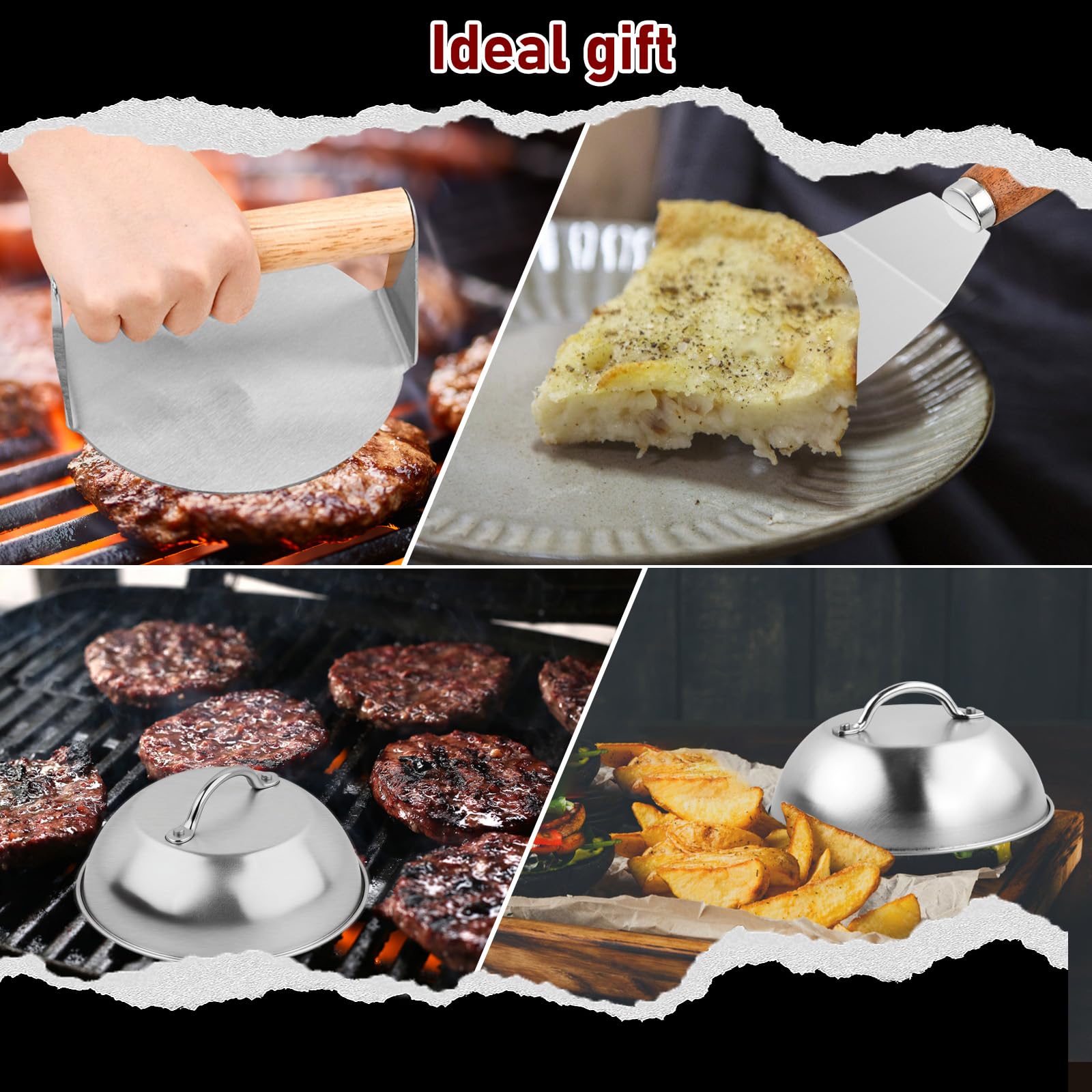 Set de 6 Pièces Smash Burger Press Kit, Acier Inoxydable, Cloche à Hamburger 15x6,5 cm, Presse à Hamburger, Spatule Plancha
