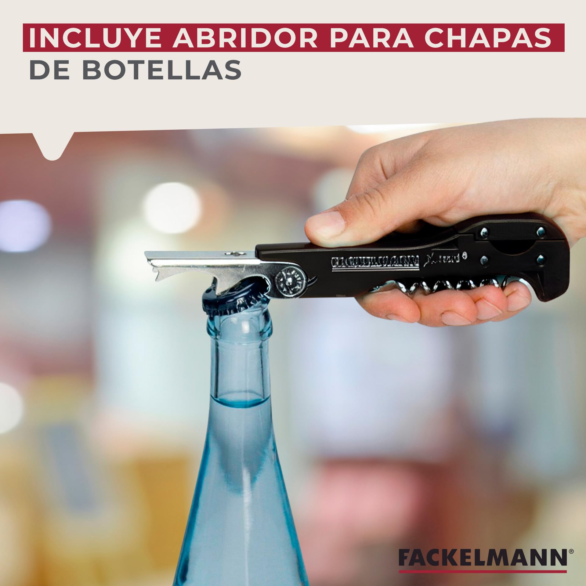 Fackelmann Sacacorchos de Camarero con Corta Cápsulas, Acero Inoxidable, Negro, 13x3,6 cm
