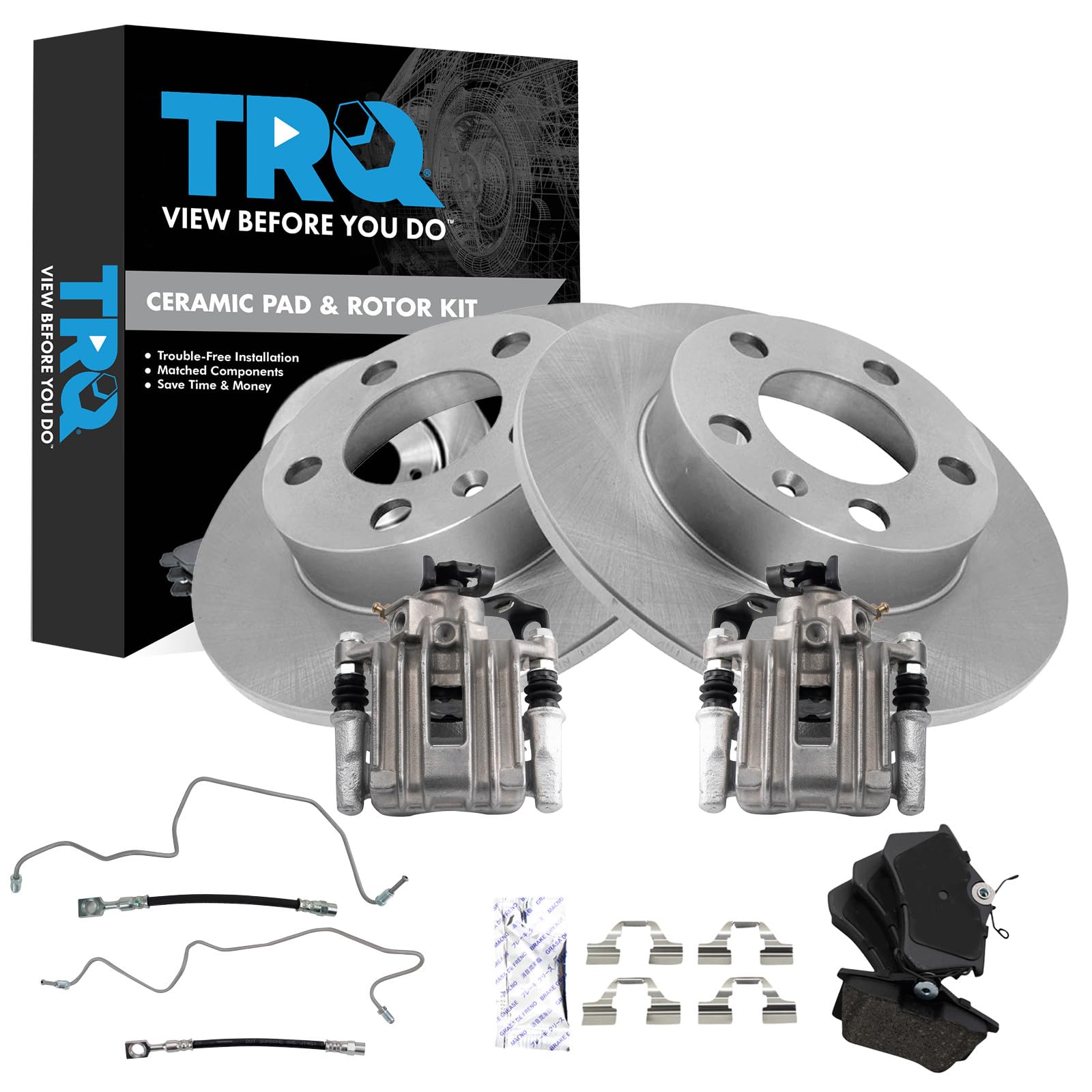 TRQ Rear Brake Pad and Rotor Set Ceramic Solid Rotors Calipers