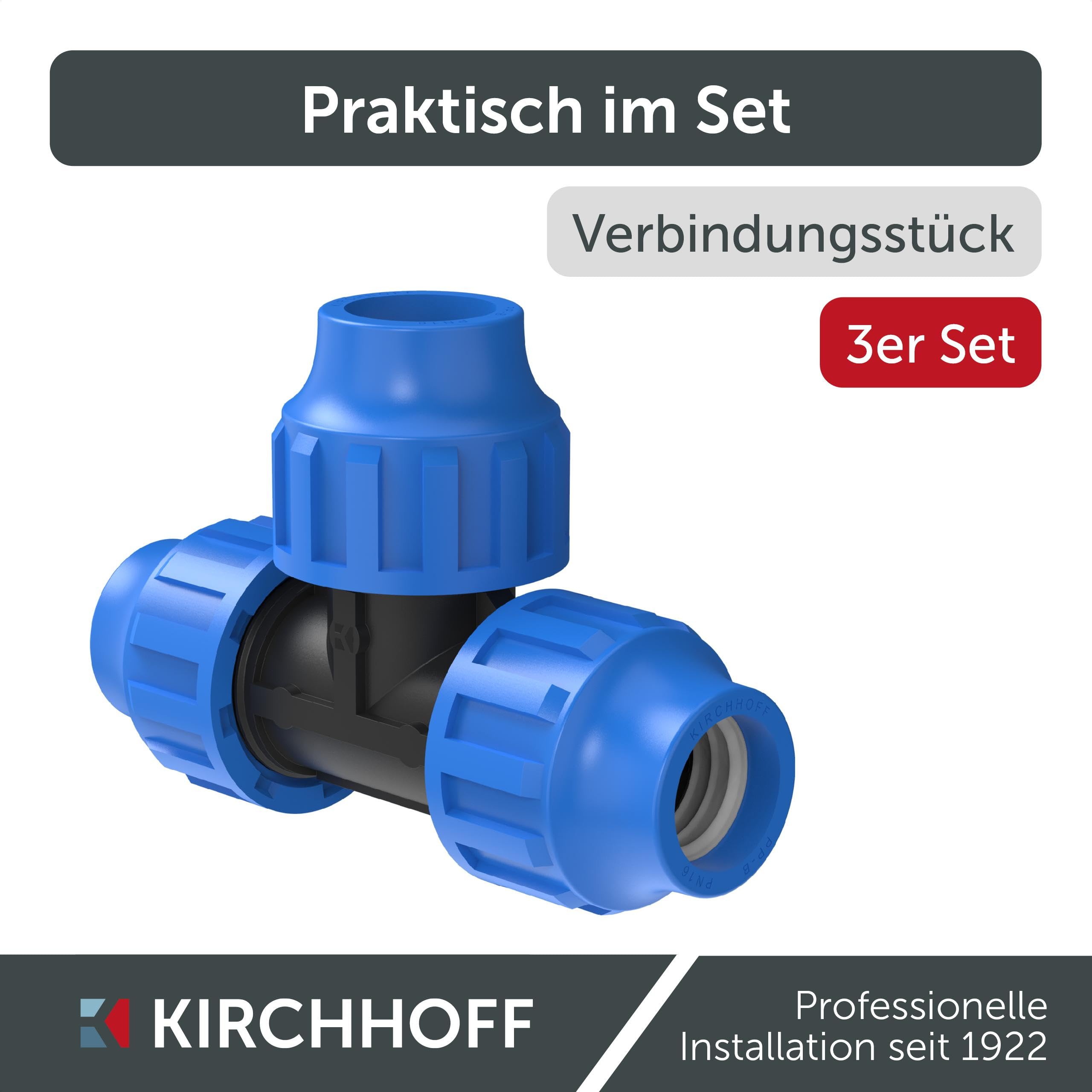 Kirchhoff Fitting T Kunststoff 32 x 32 x 32 mm für HDPE Rohr 3 Stück im Set Verschiedene Größen DVGW geprüft Trinkwasserqualität Made in EU, Schwarz, 32 mm HDPE Fitting