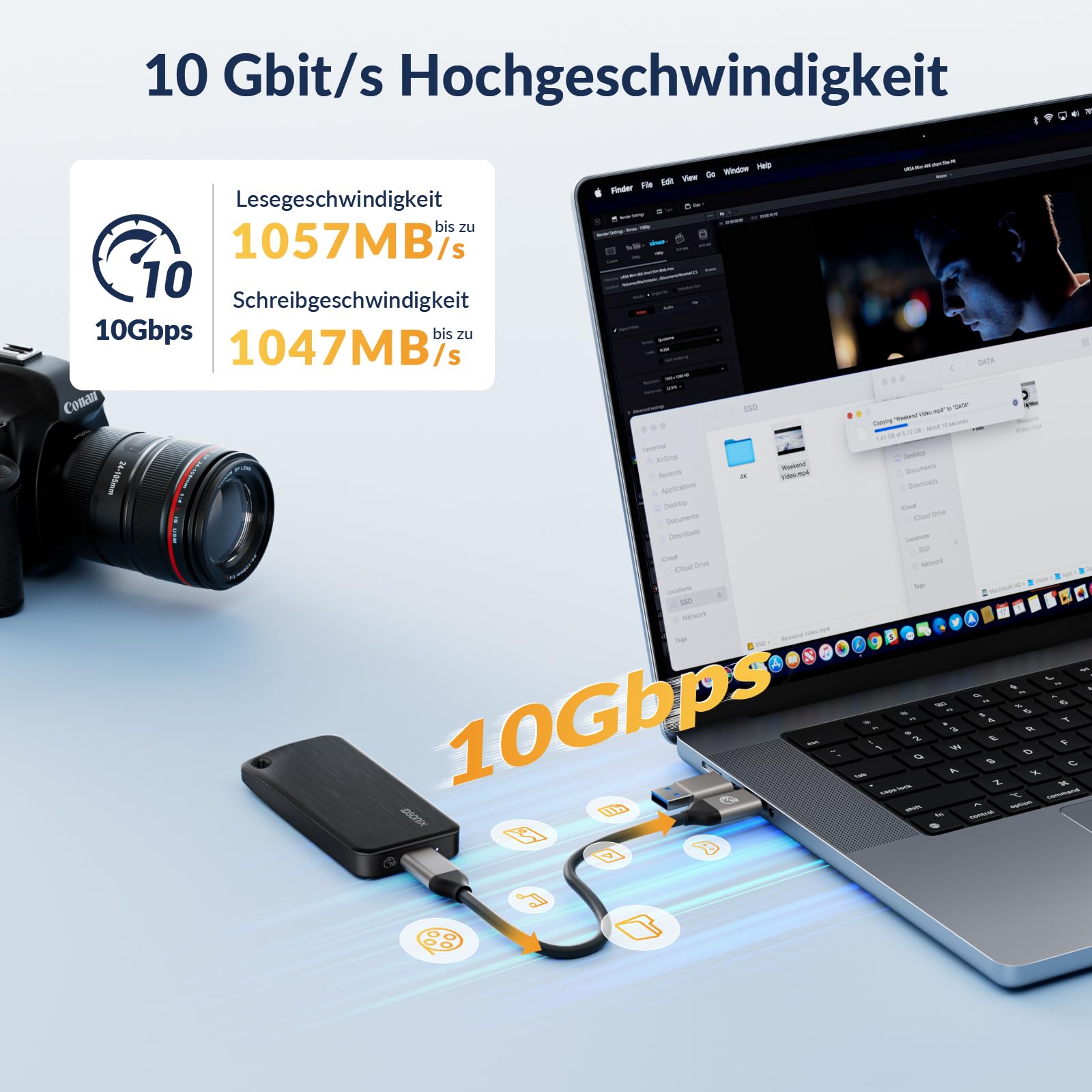 iDsonix Portable SSD 1TB Externe Festplatte, USB 3.2 GEN 2 bis zu 1000 MB/s Externes Solid State Drive mit 2-in-1 USB-C-Kabel Kompatibel mit Xbox, PS5, Mac, PC, Laptop, Kamera (i10PRO)
