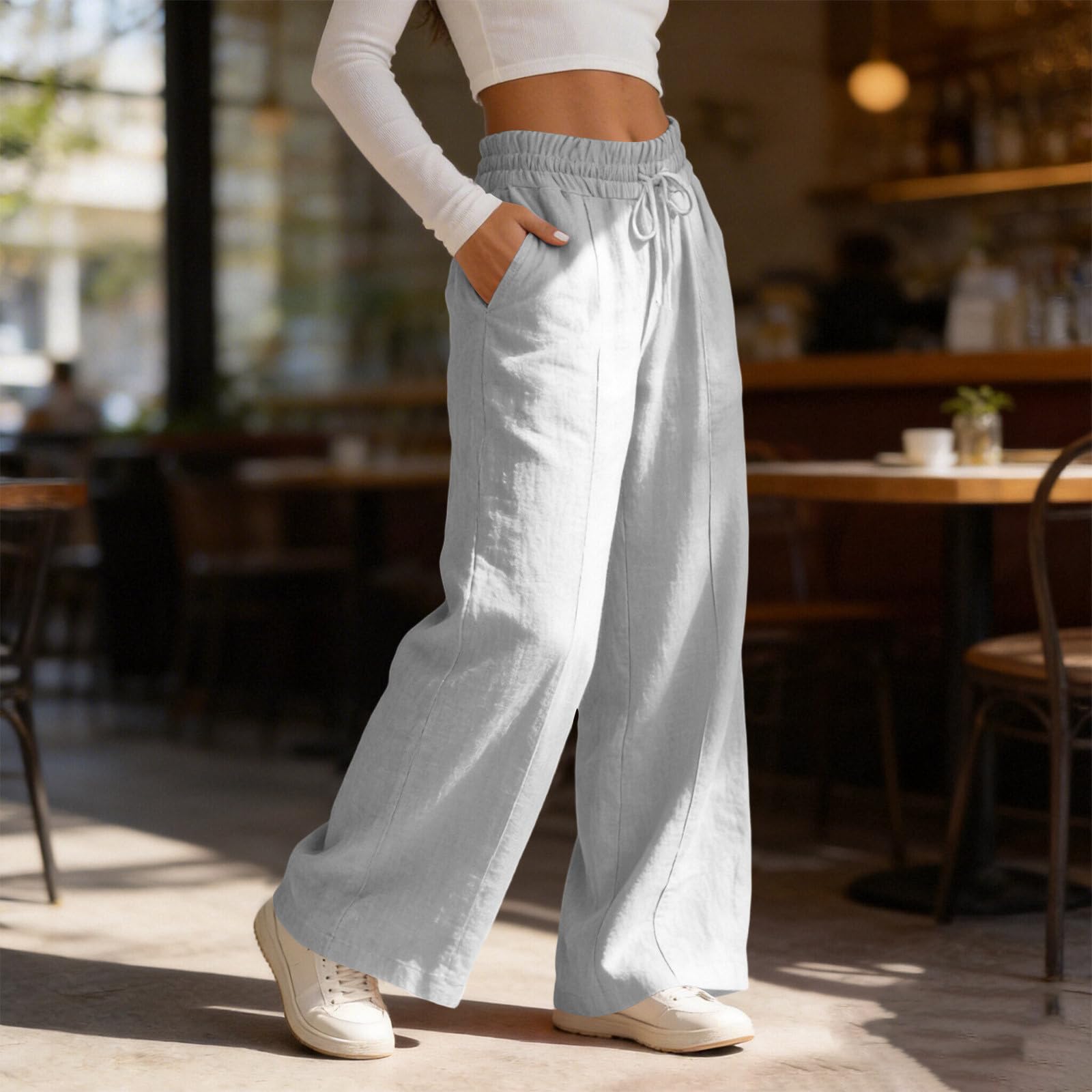 Women's Cotton Linen Pants Summer Straight Wide Leg Trousers Drawstring Elastic Waist Loose Beach Vacation Outfits - 4