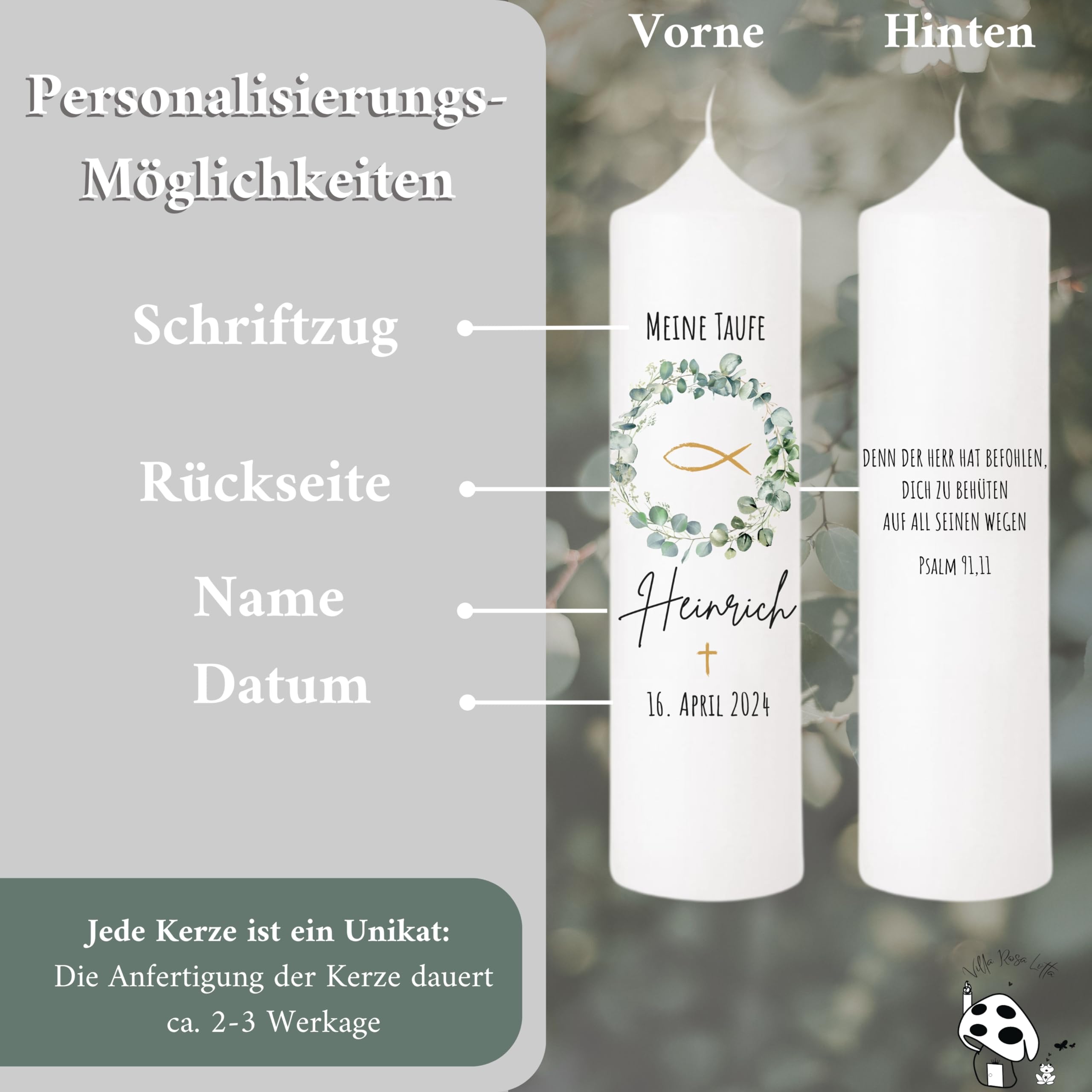 VILLA ROSA LOTTA - Personalisierbare Taufkerze Kommunionkerze "Heinrich" mit Wunschdaten und Rückseite I Blumen Kranz Motiv I 25 cm x 7 cm I Taufkerzen für Jungen und Mädchen I Farbe elfenbein weiß