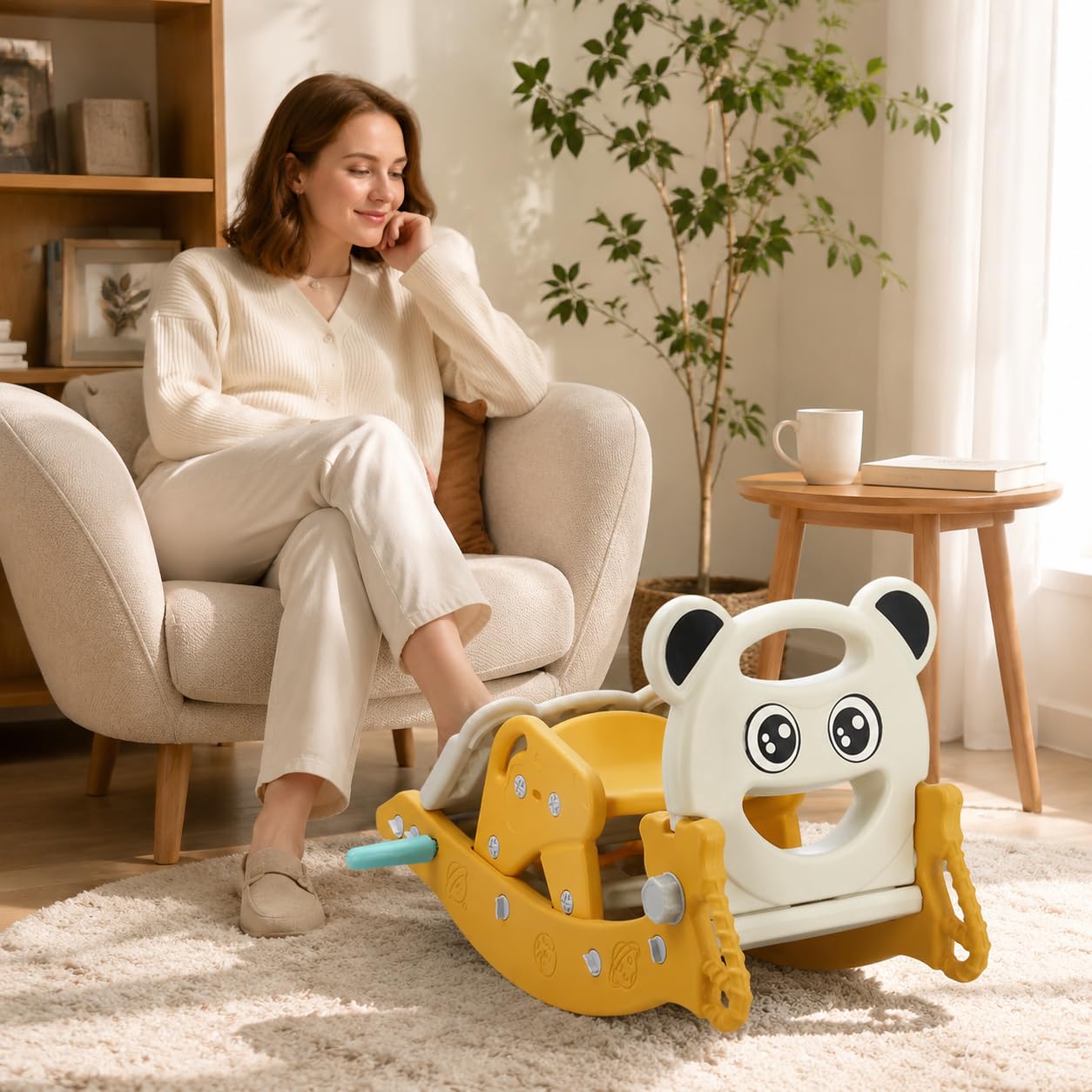 Parco Giochi Multifunzione per Bambini con Scivolo, Cavallo a Dondolo, Canestro e Cestino da Basket, da Interno ed Esterno