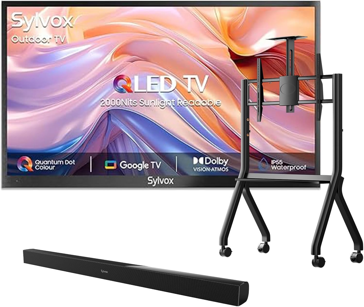 SYLVOX Outdoor TV with Rolling Stand & Soundbar, 55 inch Smart QLED TV, 2000 Nit Full Sun, Weatherproof, 4K UHD, IP55 Waterproof, Commercial Grade (2024 Model)