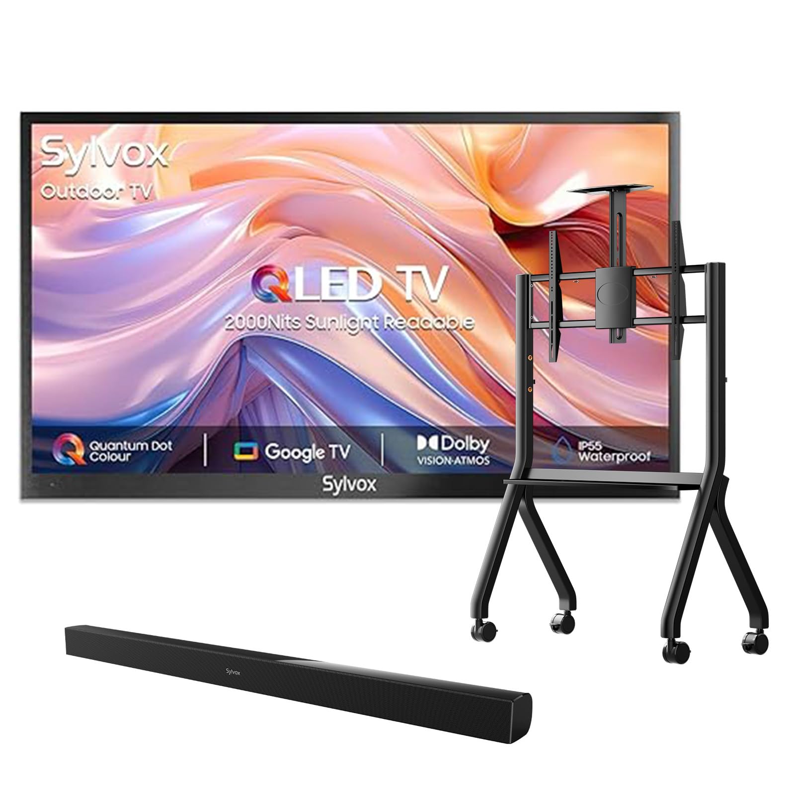 SYLVOX Outdoor TV with Rolling Stand Soundbar 55 inch Smart QLED TV 2000 Nit Full Sun Weatherproof 4K