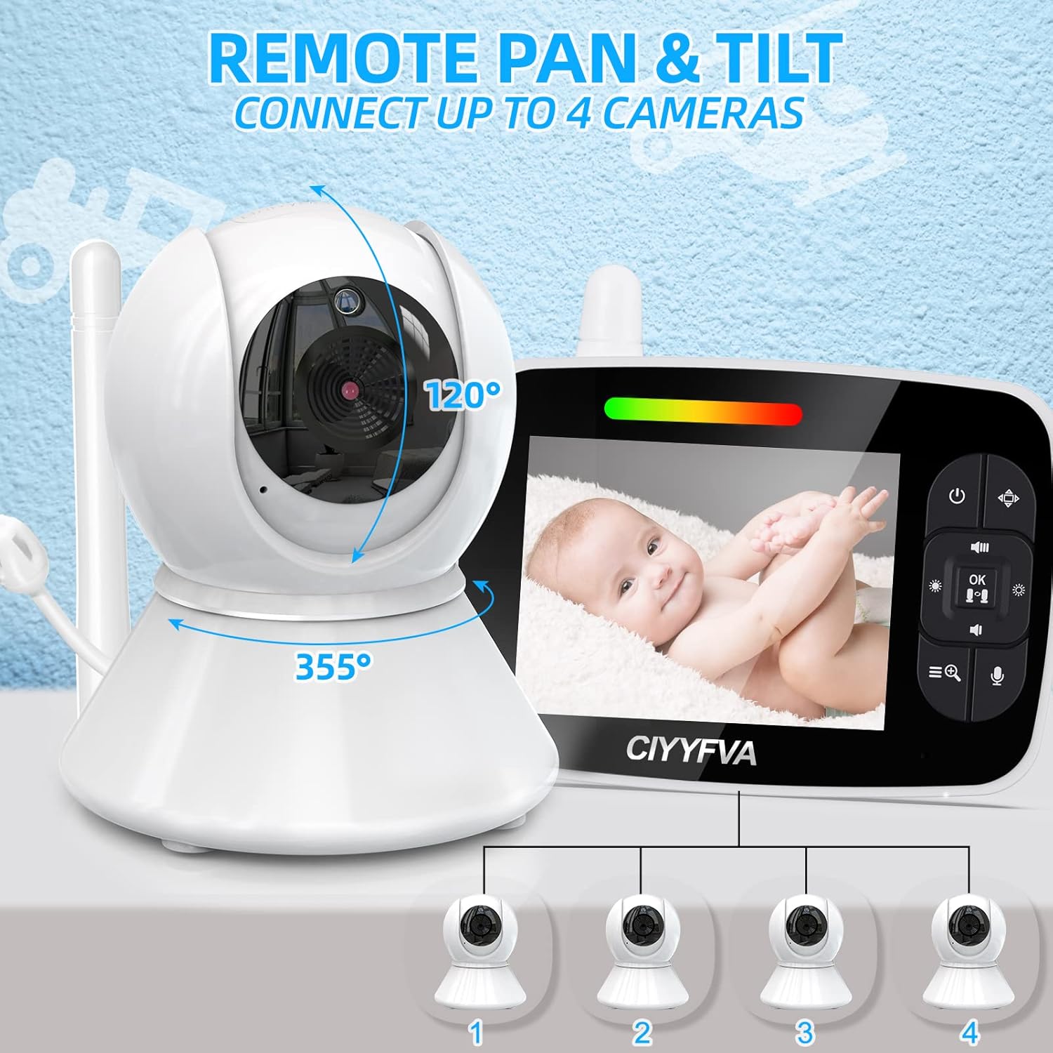 The baby monitor parent unit displaying a clear black and white image of a baby sleeping in a dark room, indicating active night vision.