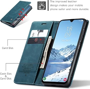 Samsung Galaxy A26ケース、カードホルダー付きフリップウォレットレザーケース、磁気クロージャー、耐衝撃キックスタンド保護電話ケースカバー、Galaxy A26用、ブルーグリーン