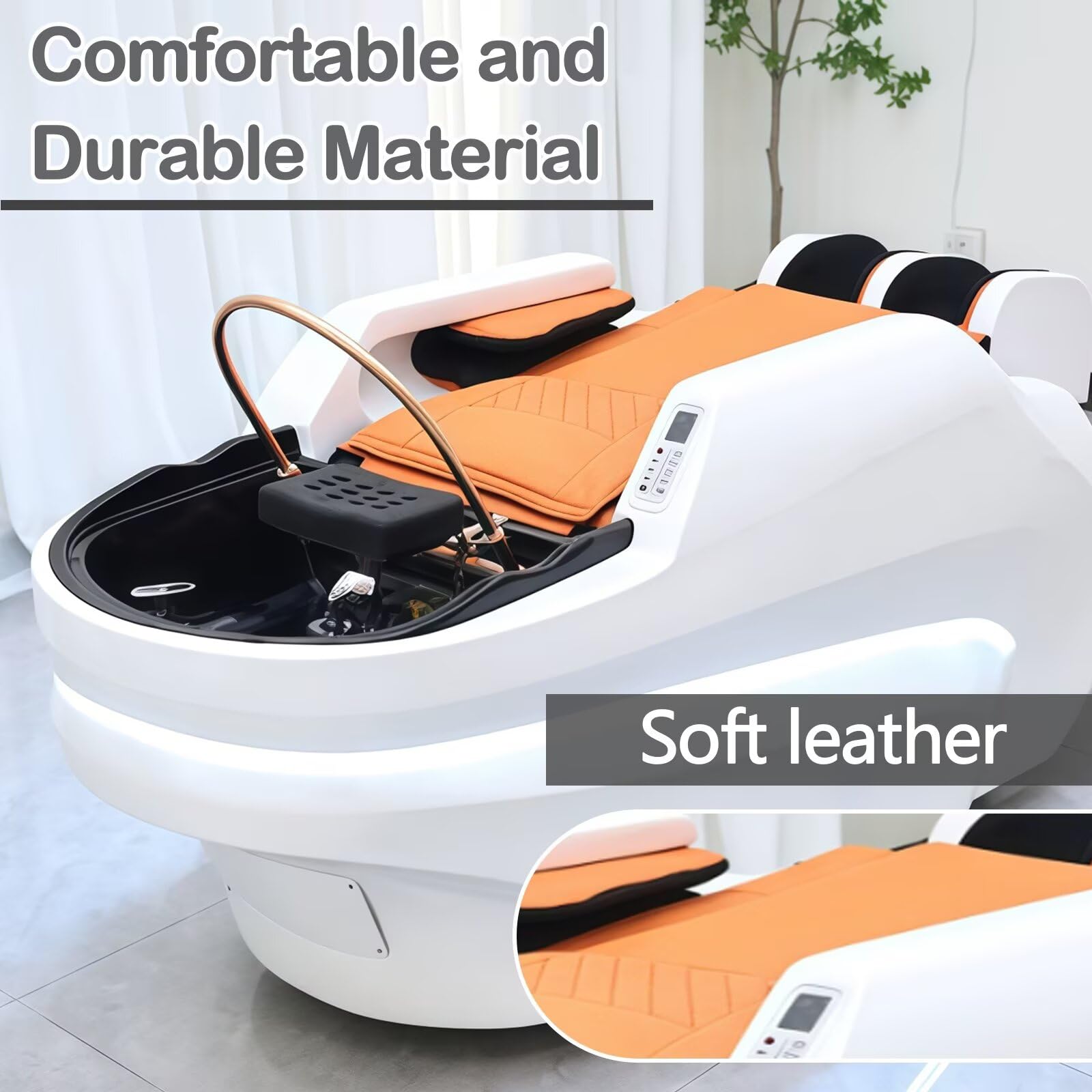 Professionelle Salon-Shampooliege mit multifunktionaler Massage, elegantem weiß-orangem Design, Wasserzirkulation, Beinauflage und Kosmetiktisch-Ausstattung (Weiß)
