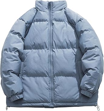 Mens Puffy Quilted Down Jackets Long Sleeve Zip Up Winter Coats Trendy Windproof Hiking Ski Bubble Coat Blue,X-Large