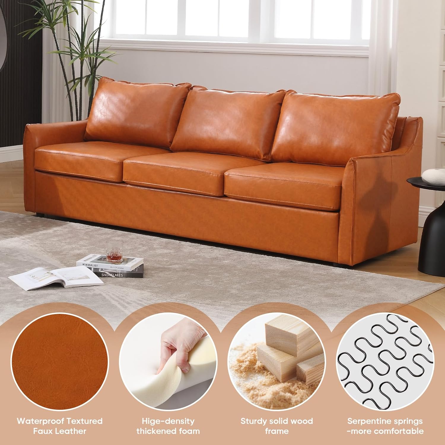 Faux Leather Sofa Set, Mid-Century Modern Couch Set Sectional Couches for Living Room Furniture Sets, Comfy Couch and Loveseat Sets with Sloped Arm Soft Cushions (Brown, 2 Piece Living Room Set)