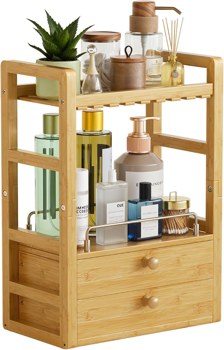 Organizador de encimera de baño de bambú, organizador de maquillaje de 2 niveles con 2 cajones, organizador de tocador, estación de café Matcha, estante compacto para encimera de oficina de cocina de baño