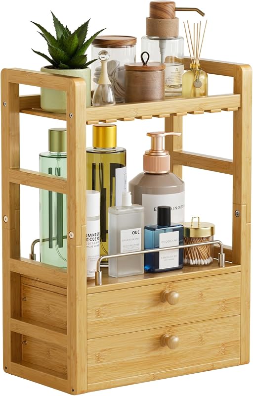 Organizador de encimera de baño de bambú, organizador de maquillaje de 2 niveles con 2 cajones, organizador de tocador, estación de café Matcha, estante compacto para encimera de oficina de cocina de baño