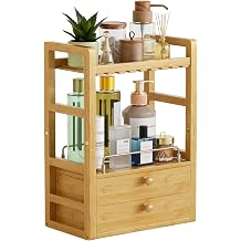 AmazerBath Bamboo Bathroom Countertop Organizer, 2-Tier Makeup Organizer with 2 Drawers, Vanity Organizer Storage Coffee Matcha Station, Compact Shelf for Bathroom Kitchen Office
