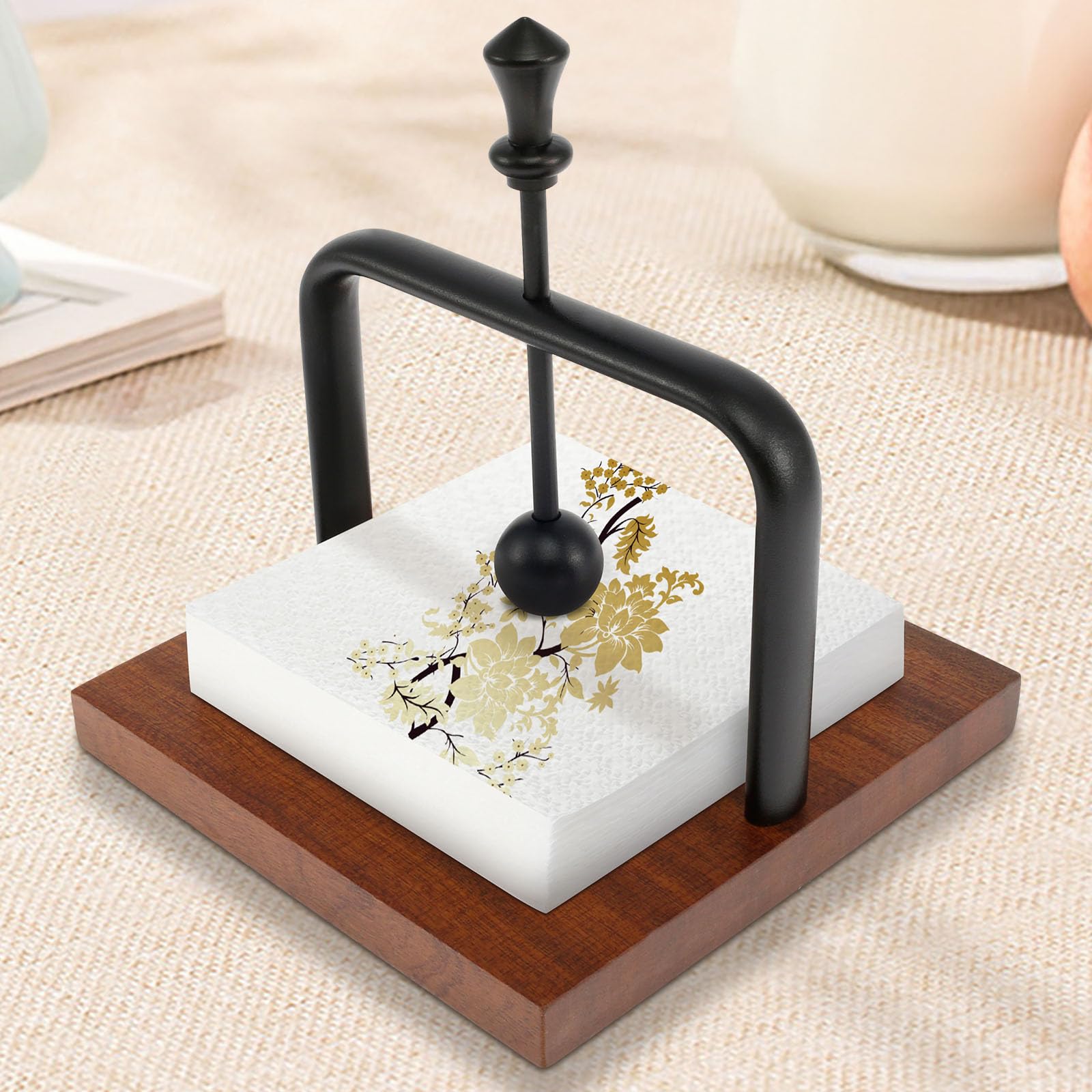 Napkin Holder Wood Table, Square Paper Napkin Holders, Napkin Holder with Weighted Metal Arm Practical Paper Napkin Holder Modern Cocktail Napkin Holder for Home Kitchen Office Restaurant Hotel Bar