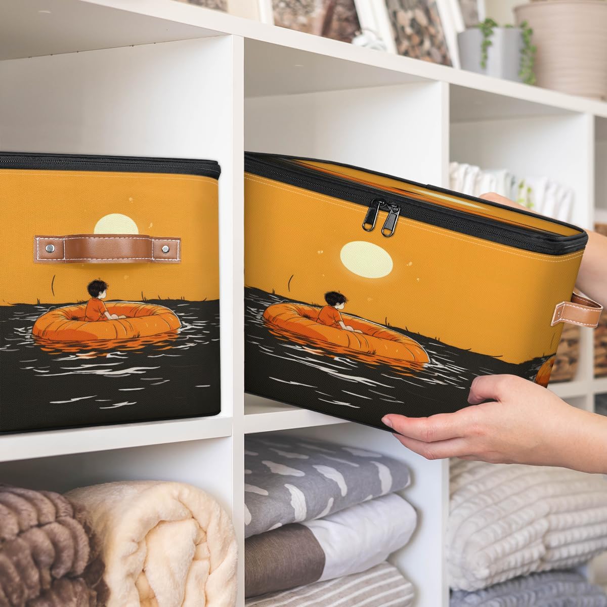 Storage Bin Set of 2 Moon Rowing Storage Basket with Zipper Lid & Handle Foldable Closet Shelf 2 Pack Cloth Organizer Basket Cube Bins Clothes Organizer for Nursery, Bedroom