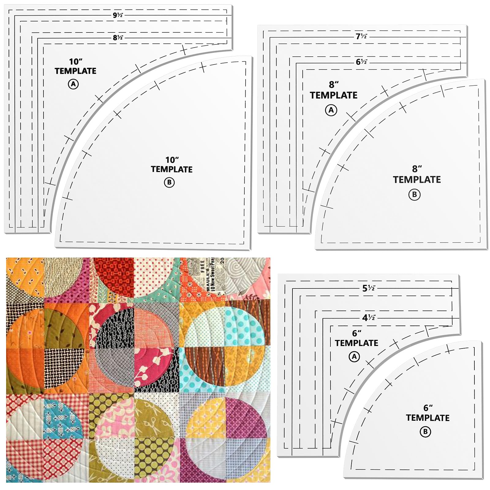 Kigley 3 Set Drunkards Path Quilting Templates 10" 8" 6" Quilting Templates for Cutting Patterns with 1/4" Seam Allowance Quilt Supplies for DIY Craft