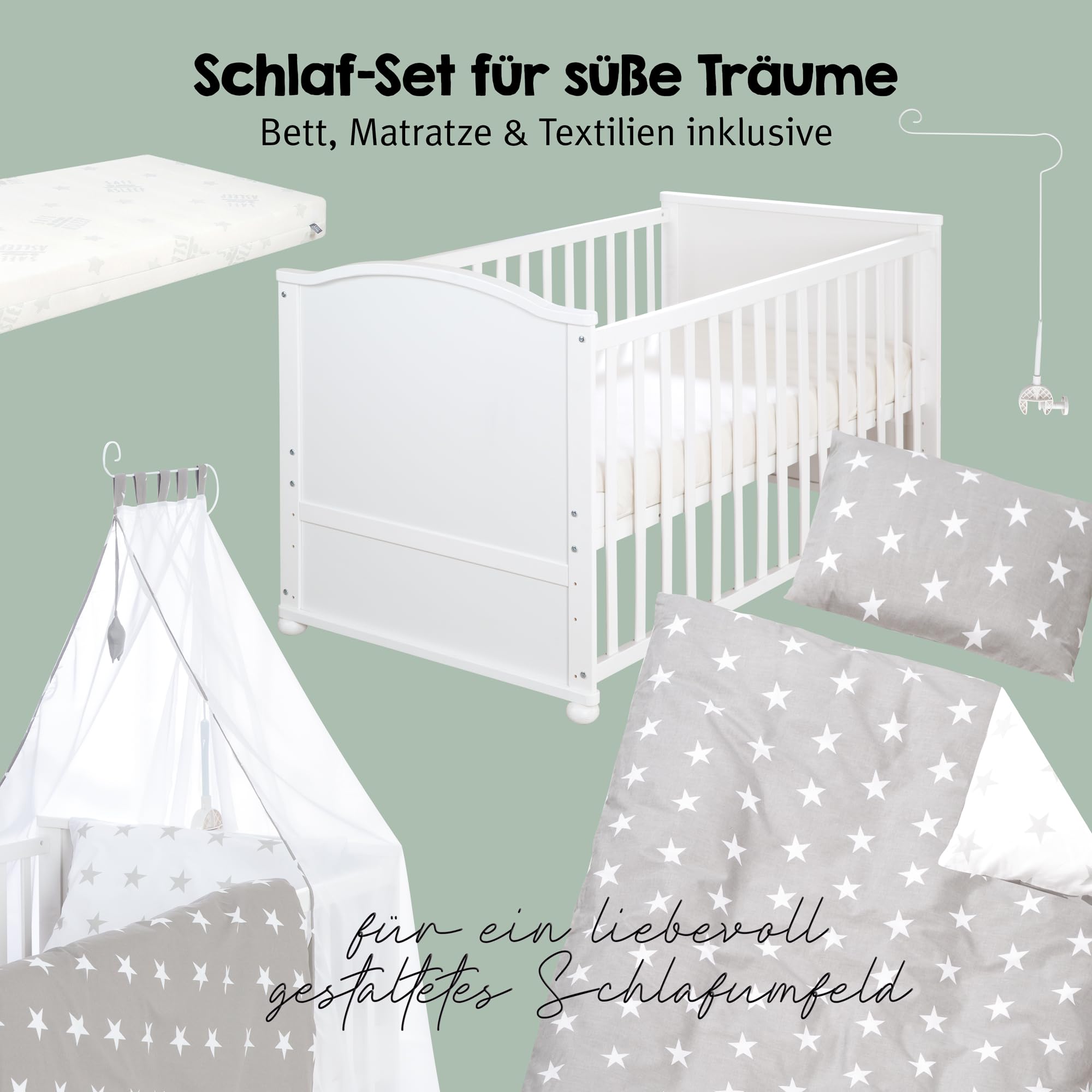 roba Lettino Completo di Set Biancheria Little Stars, 70 x 140 cm, Letto per Bambini con Federa, Copripiumino, Materasso, Baldacchino, Legno Bianco