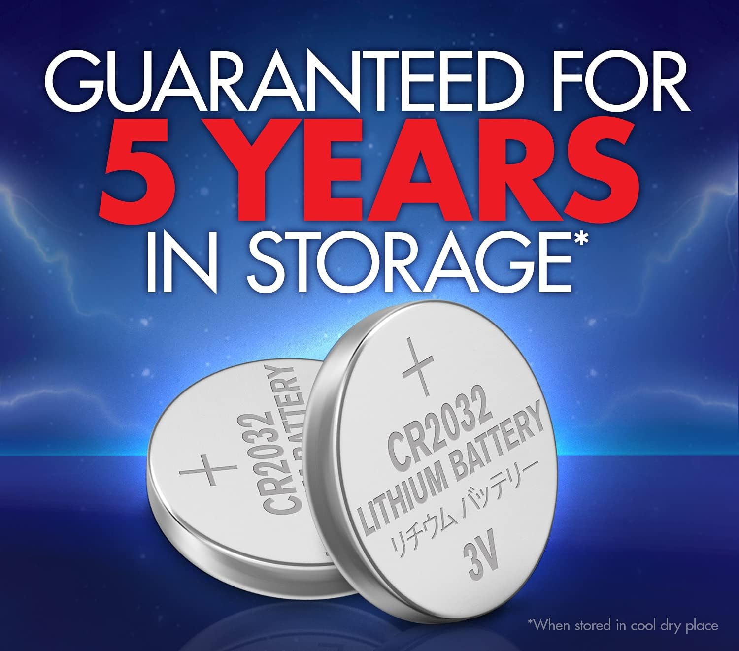 Graphic showing CR2032 batteries with text 'Guaranteed for 5 Years in Storage'