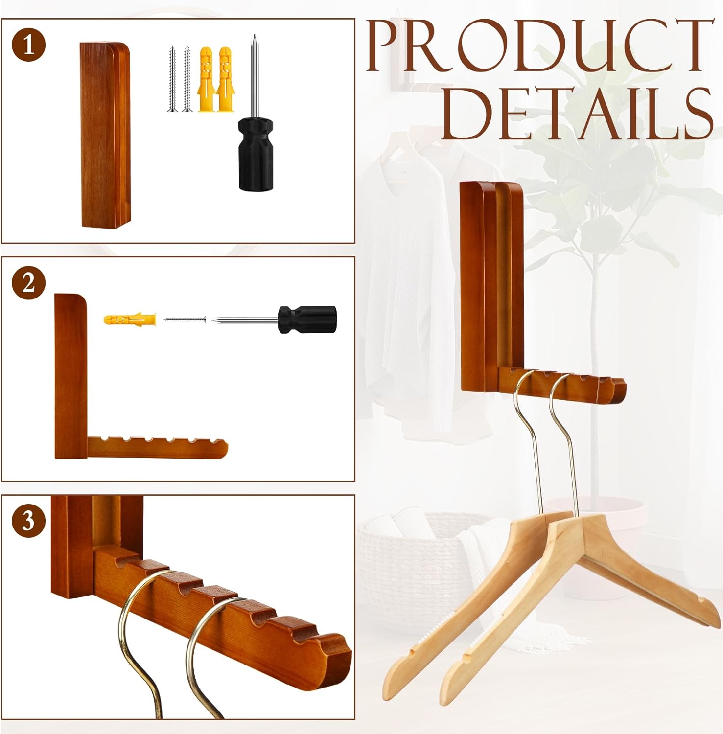2 Pcs Wooden Coat Rack Wall Mounted Entryway Coat Hooks Heavy Duty Foldable Wall Hangers for Bathroom Bedroom Hanging Towels Clothes Bags