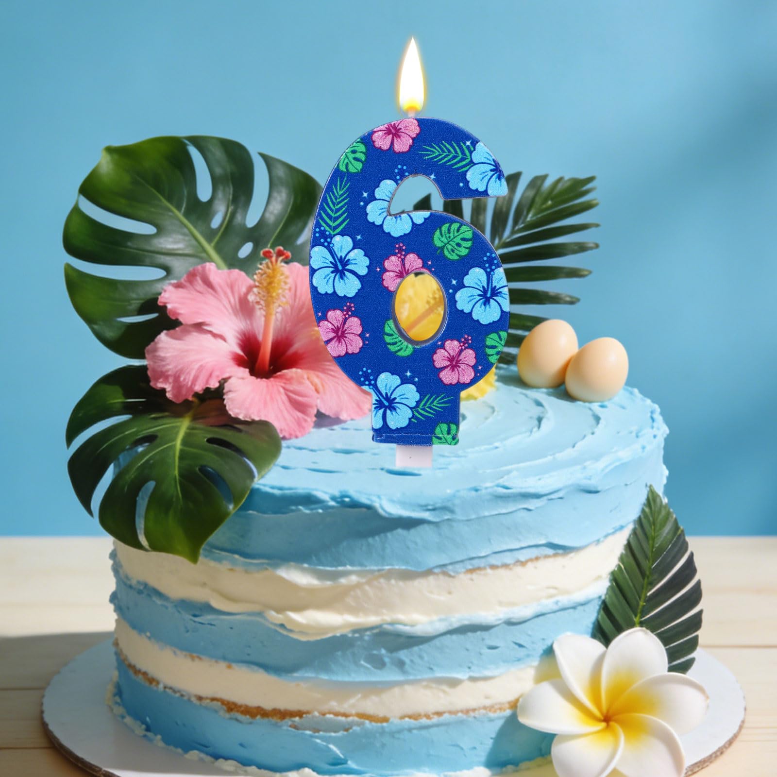 Bougie d'Anniversaire en Forme de Chiffre de Dessin Animé, Décoration Gâteau 3D Bleue Sur le Thème des Animés et d'Hawaï avec Motif Floral pour les Fêtes d'Enfants (Garçons et Filles) (Numéro 6) - 5