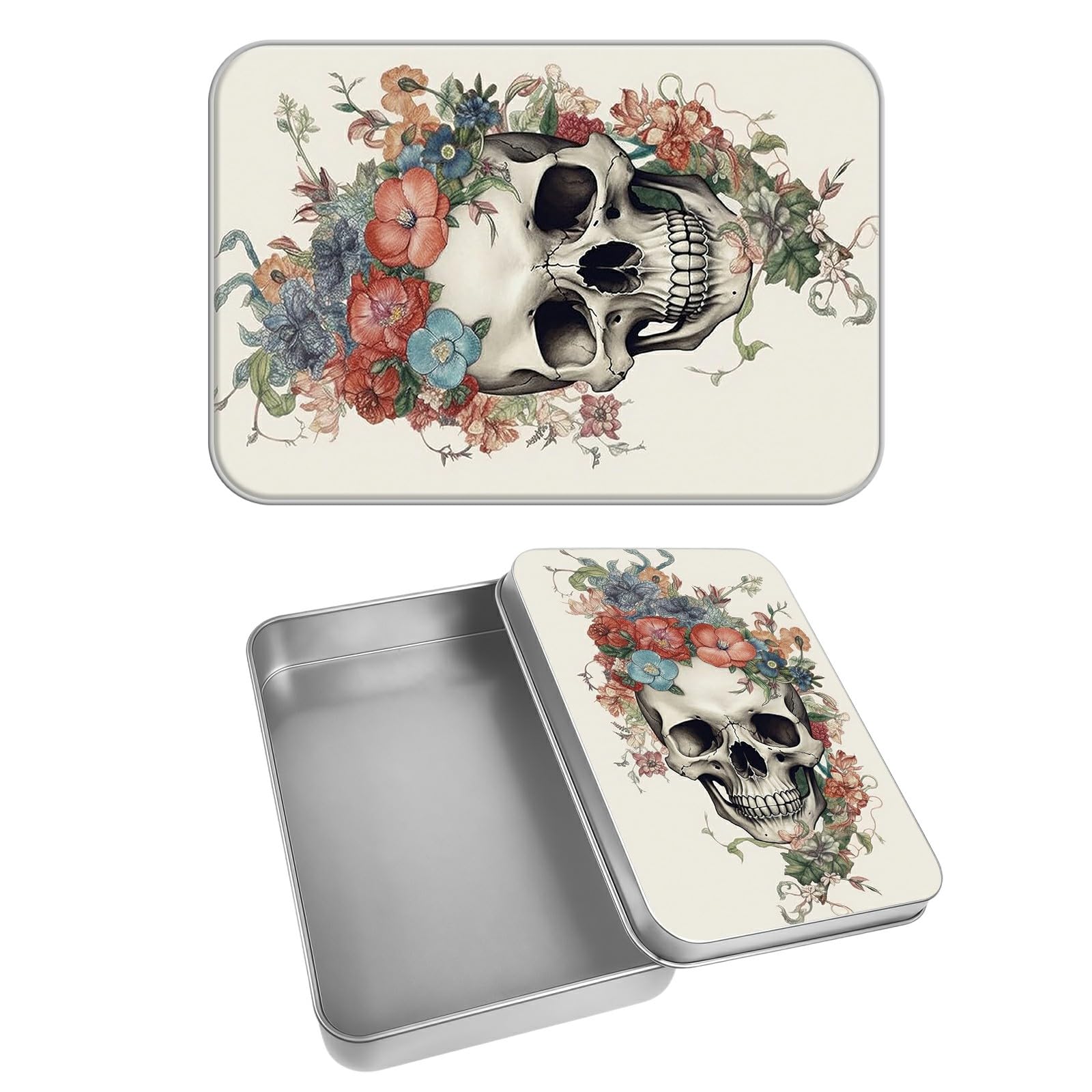 Rectangular Metal Tin Box with Removable Lid, Florals Skull Decorative Printed Metal Storage Container for Cards, Diaries, Home Organization 4.53 x 3.35 x 0.86 inch– Single Pack