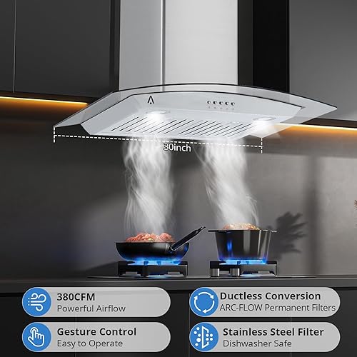 Miniatura 5 de Campana extractora isleña de 30 en 450 CFM con ventilador de 3 velocidades y luces LED, campana de cocina de montaje en pared, chimenea de acero