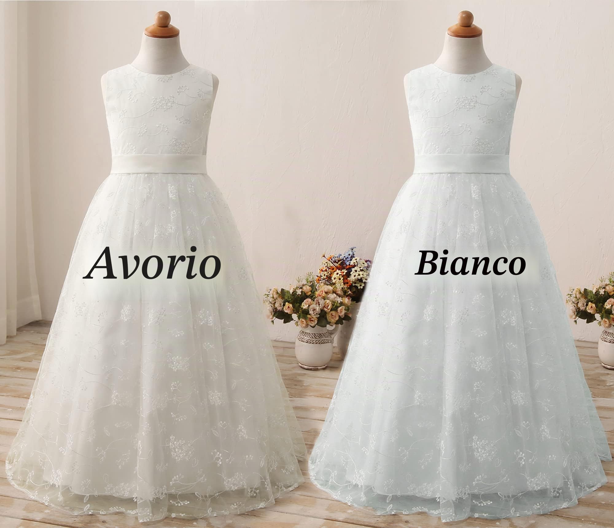 Aibaowedding Chic Abito lungo da comunione per bambini, in tulle ricamato con cintura in raso/boho a linea A, per damigelle d'onore, per ragazze 2-12 anni
