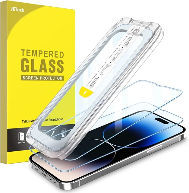 JETech One Touch Install Screen Protector for iPhone 14 Pro 6.1-Inch, Full Coverage Tempered Glass Film, Auto Alignment Tool Kit, HD Clear, 2-Pack