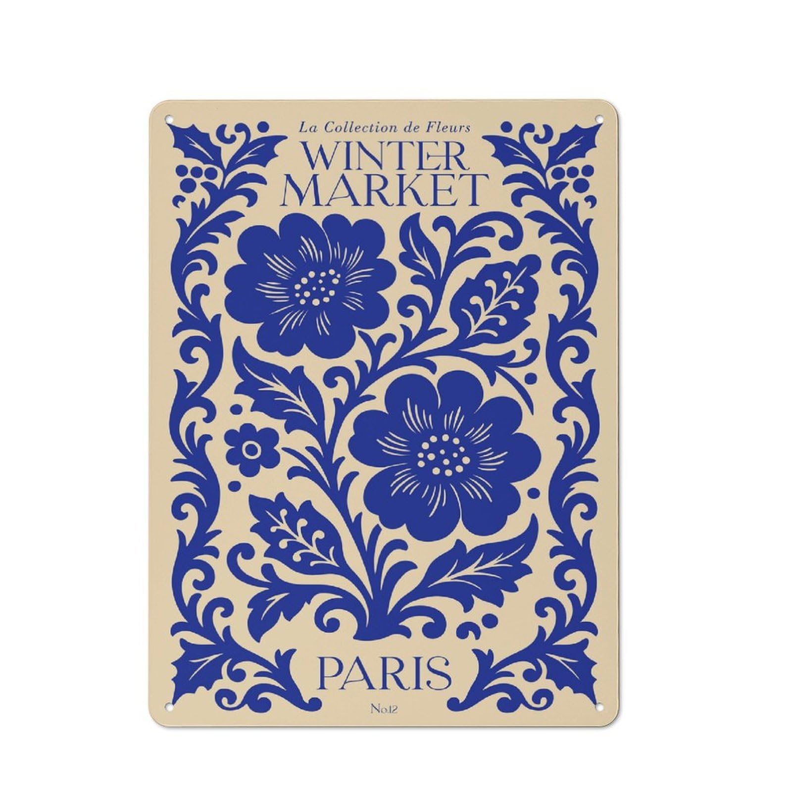 Junmoney Style-13 Blue Floral Winter Market Paris Tin Wall Sign 40X30cm, Loft Style Industrial Wall Decor For Loft, Studio, Office Or Creative Room