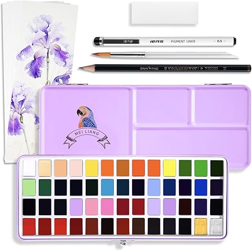 Miniatura 9 de MEI LIANG Pintura de acuarela de viaje para adultos, juego de 52 pinturas de acuarela portátiles que incluye 2 colores metálicos y suministros de