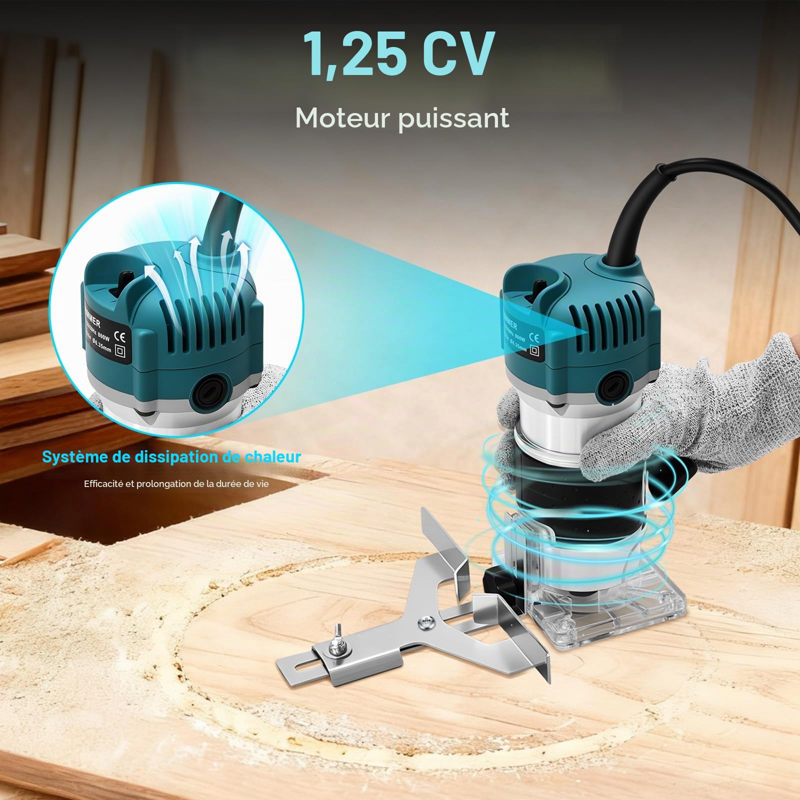 Affleureuse a Bois 800W, 30000tr/min Defonceuse Électrique, Réglage de la Profondeur, Boîtier en Aluminium, Fraiseuse Bois avec 15 Pièces Fraises à Défoncer Queue de 1/4" (6,35mm)