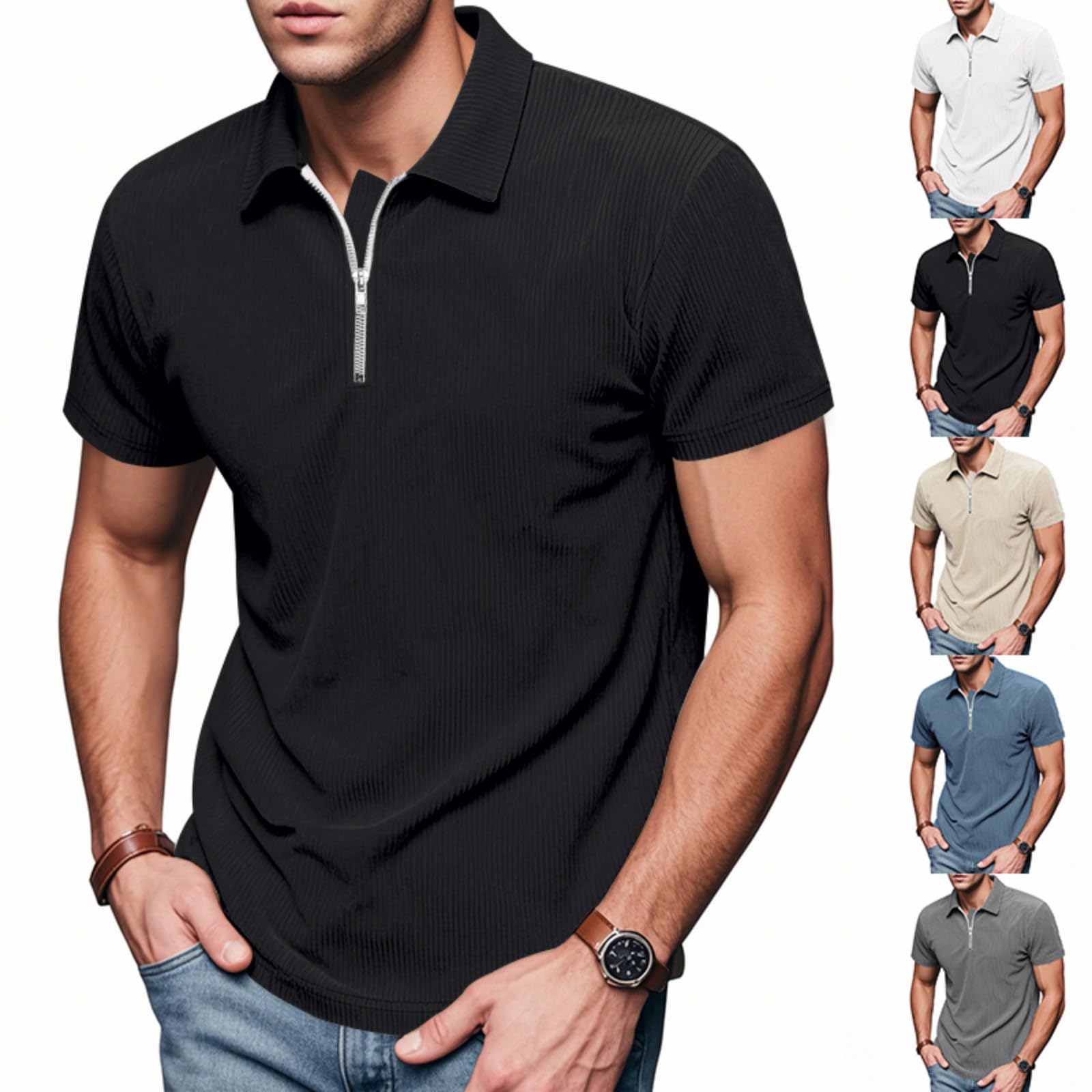 Koszulka polo T-shirty męskie solidny kołnierz z klapą top z krótkim rękawem z zamkiem błyskawicznym męskie klasyczne dopasowanie ubrania do miejskiego stylu casual