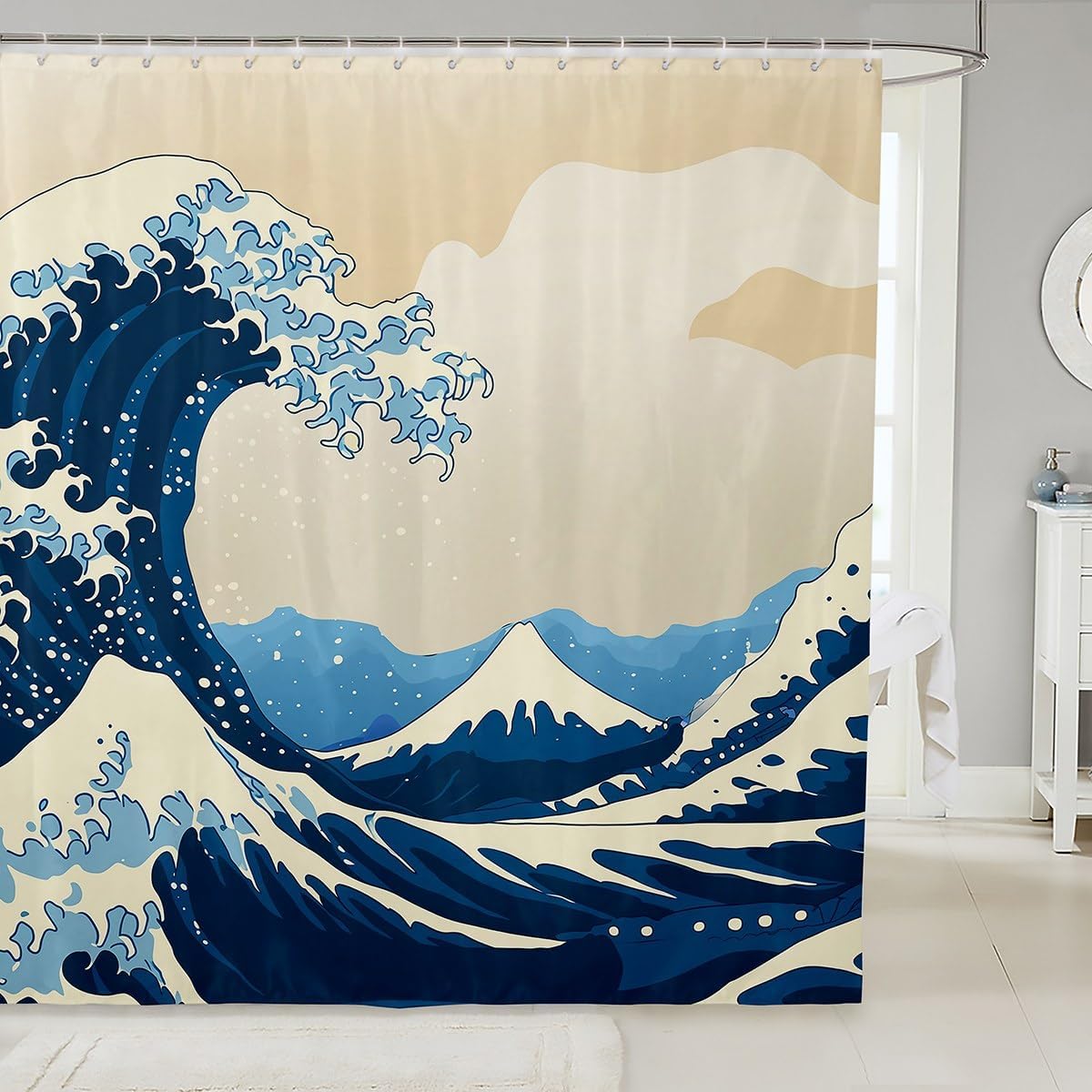 Bathroom Wave Shower Curtain Set with Hooks,Sea Ocean Waves Bath Curtain Hand Drawn Style Japanese Illustration Great Wave Ukiyoe Themed Decor Shower Curtain Fabric for Stall Bathtub,Blue Cream 78” L