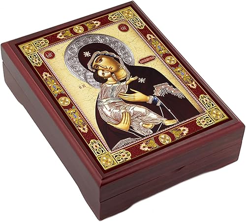 Miniatura 2 de Needzo Rosario Caja de iconos de Madonna Caja de Virgen María de Vladimir para cuentas de oración, joyería de Madonna y Cristo soporte de madera