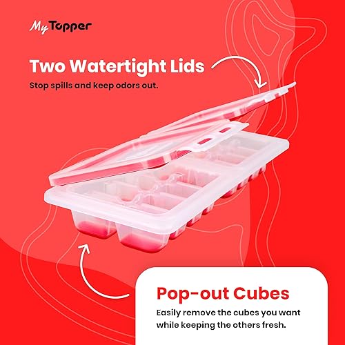IceTopper Plus - Bandeja para cubitos de hielo con 2 tapas adjuntas, moldes para cubitos de hielo de fácil liberación, 16 cubos por bandeja,