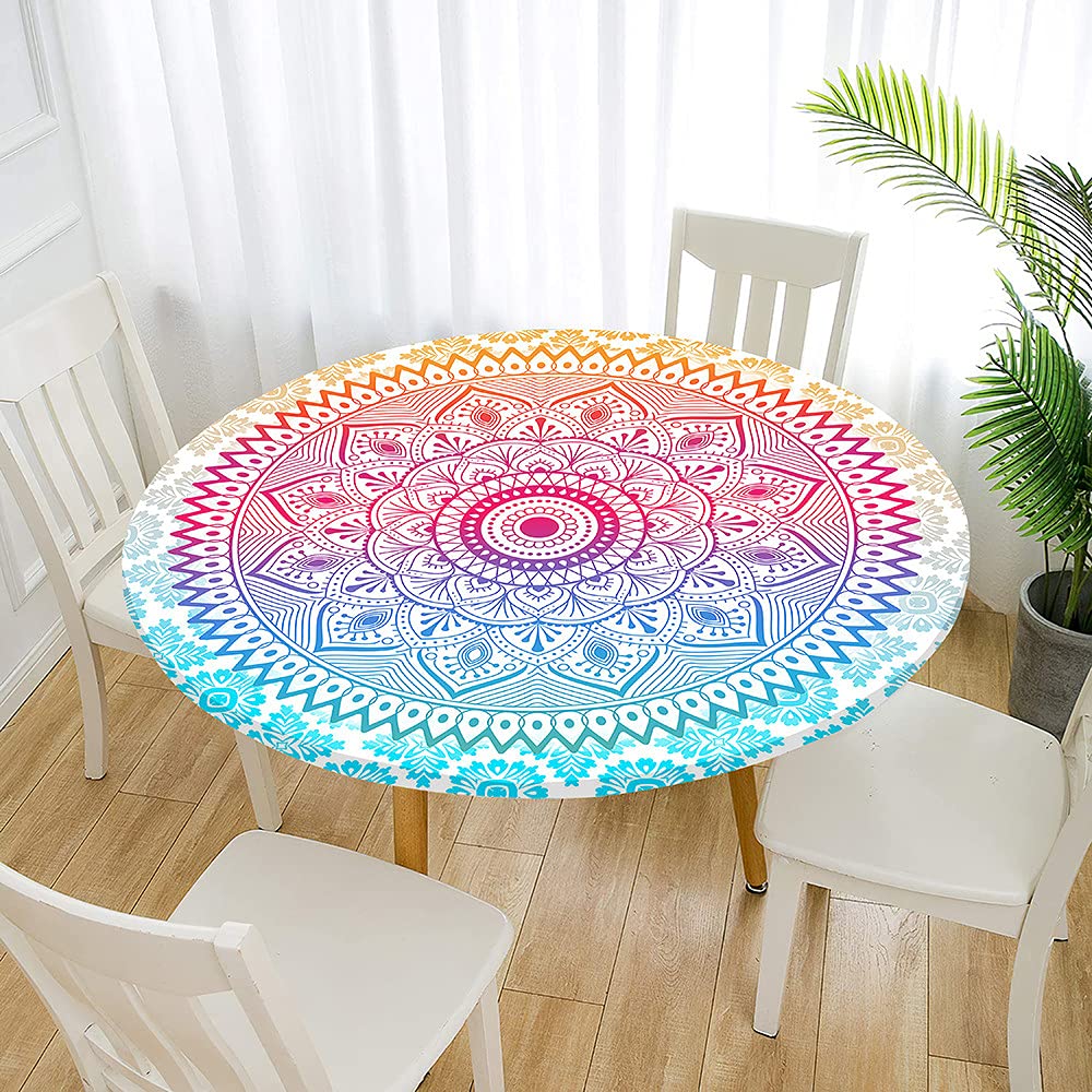 Fansu Bohemia Round Tablecloth Waterproof Wipe Clean, Circular Tablecloths Fitted Elastic Edged, Stain Resistant Polyester Table Cover For Dinning Room Kitchen Picnic (,180Cm)