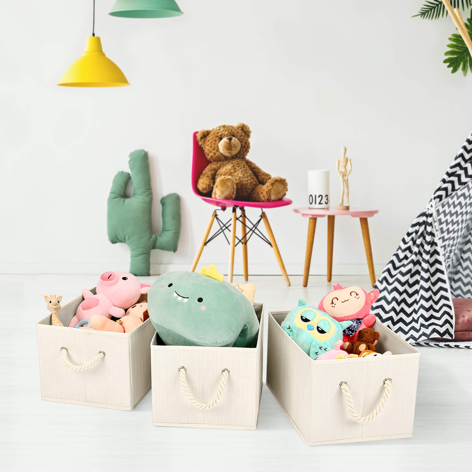 Set 3 Cestelli Storage In Tessuto - Con Manici In Pelle, Pieghevoli, Per Vestiti E Giocattoli, Grigio Large - Foto 10