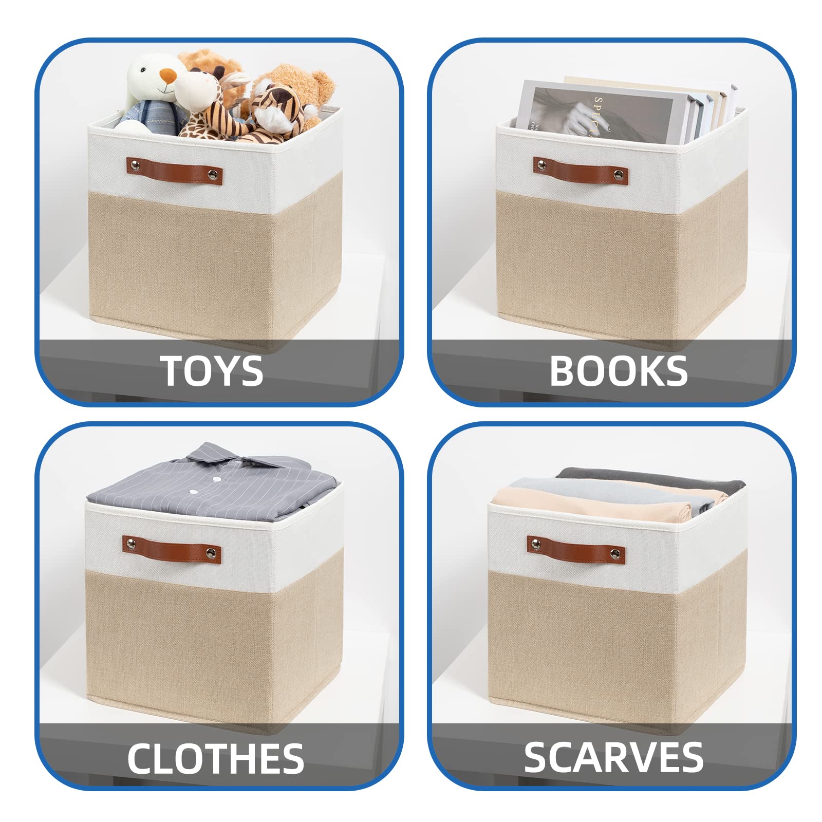 Temary Cubos de almacenamiento de tela, contenedores plegables de 12 pulgadas (paquete de 4) – Cestas de regalo vacías para organizar estantes, armarios, guardería (blanco y caqui)