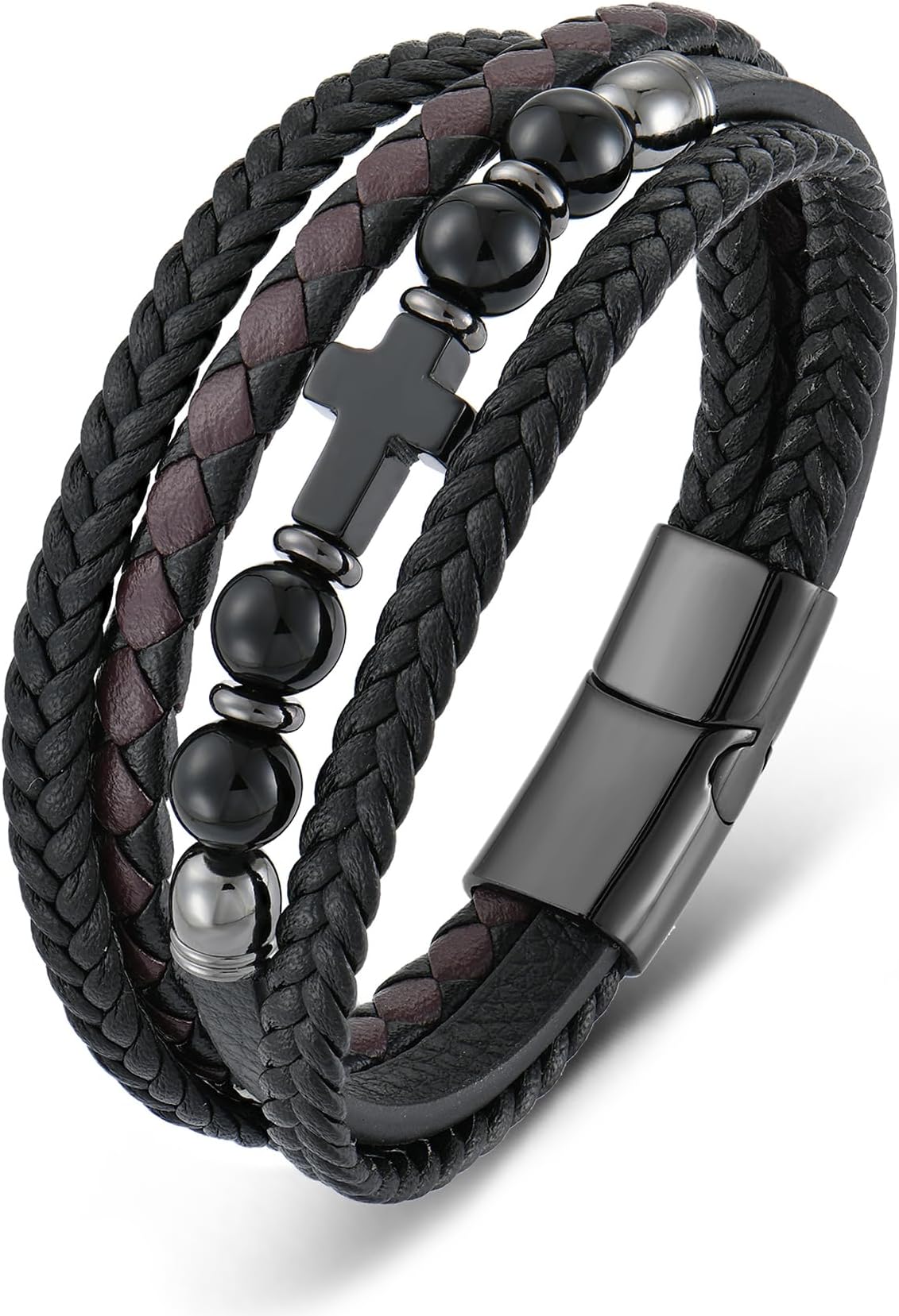 Men's Leather & Stone Cross Bracelet - Christian Religious Jewelry for Men (Lapis/Onyx/Turquoise/Tiger Eye), Braided Design with Alloy Clasp, 8.3" & 9.1" Sizes