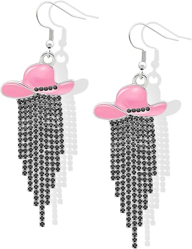 RechicGu Western Cowgirl Enamel Hat Sparkly Rhinestone Tassel Dangle Earrings Pr